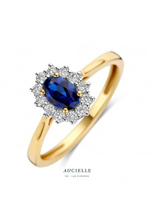 Ring YG entourage 4 griffen 0,50ct blauwe saph0,225ct LGD