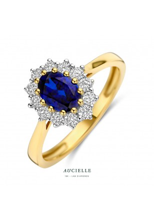 Ring YG entourage 12 griffen 1,3ct (0,90ct blauwe saph0,40ct) LGD