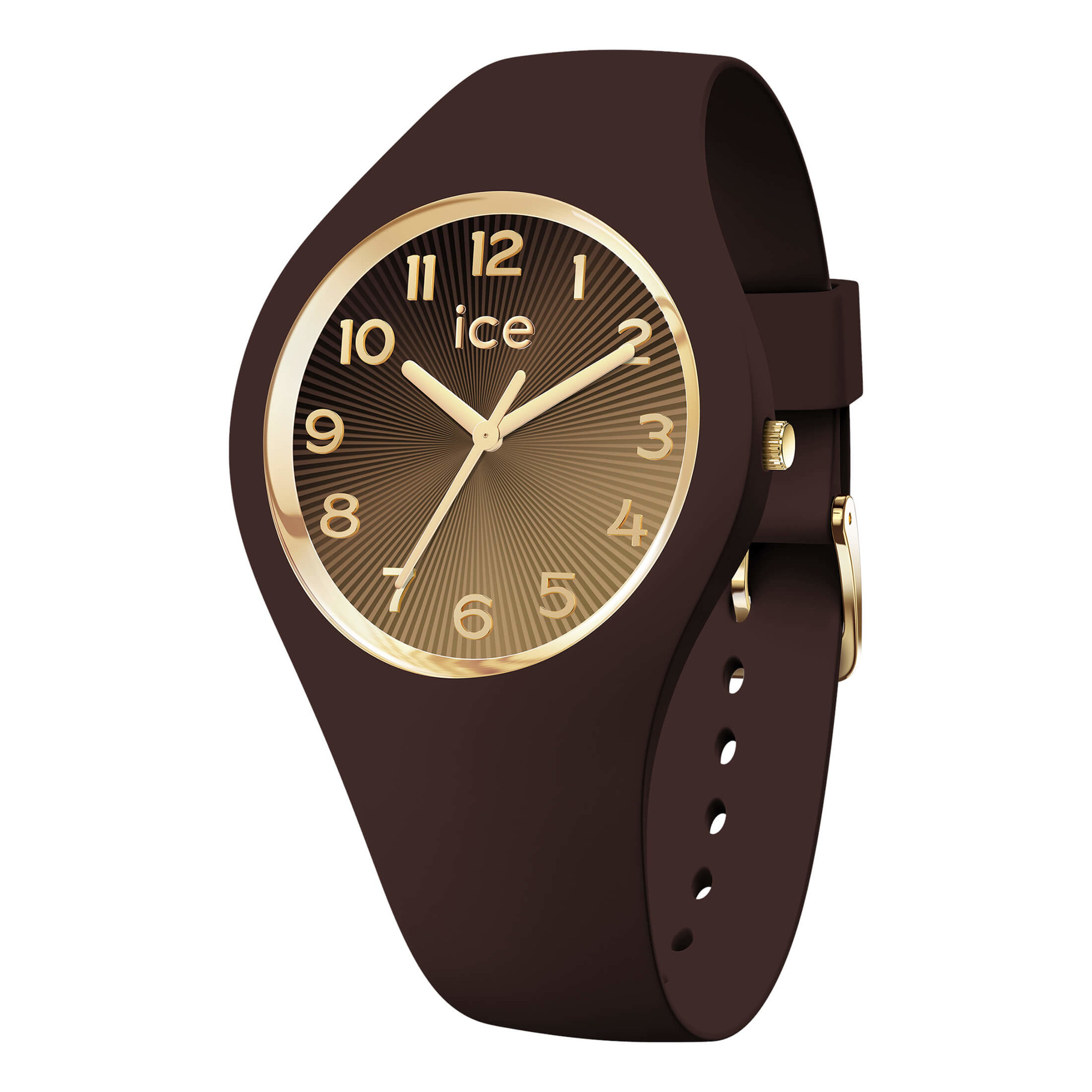 De ICE champagne Cappuccino S37 3H horloge, modelnummer 026173, heeft analoge tijdsaanduiding en een kwartsuurwerk. Het heeft een goudkleurige wijzerplaat met Arabische cijfers, een ronde bruine kast van plastic en siliconen, en een bruine siliconen band van 16 mm breed. Waterdicht tot niveau 10. Ideaal voor dagelijks gebruik en casual outfits. Nikkelvrij en comfortabel.
