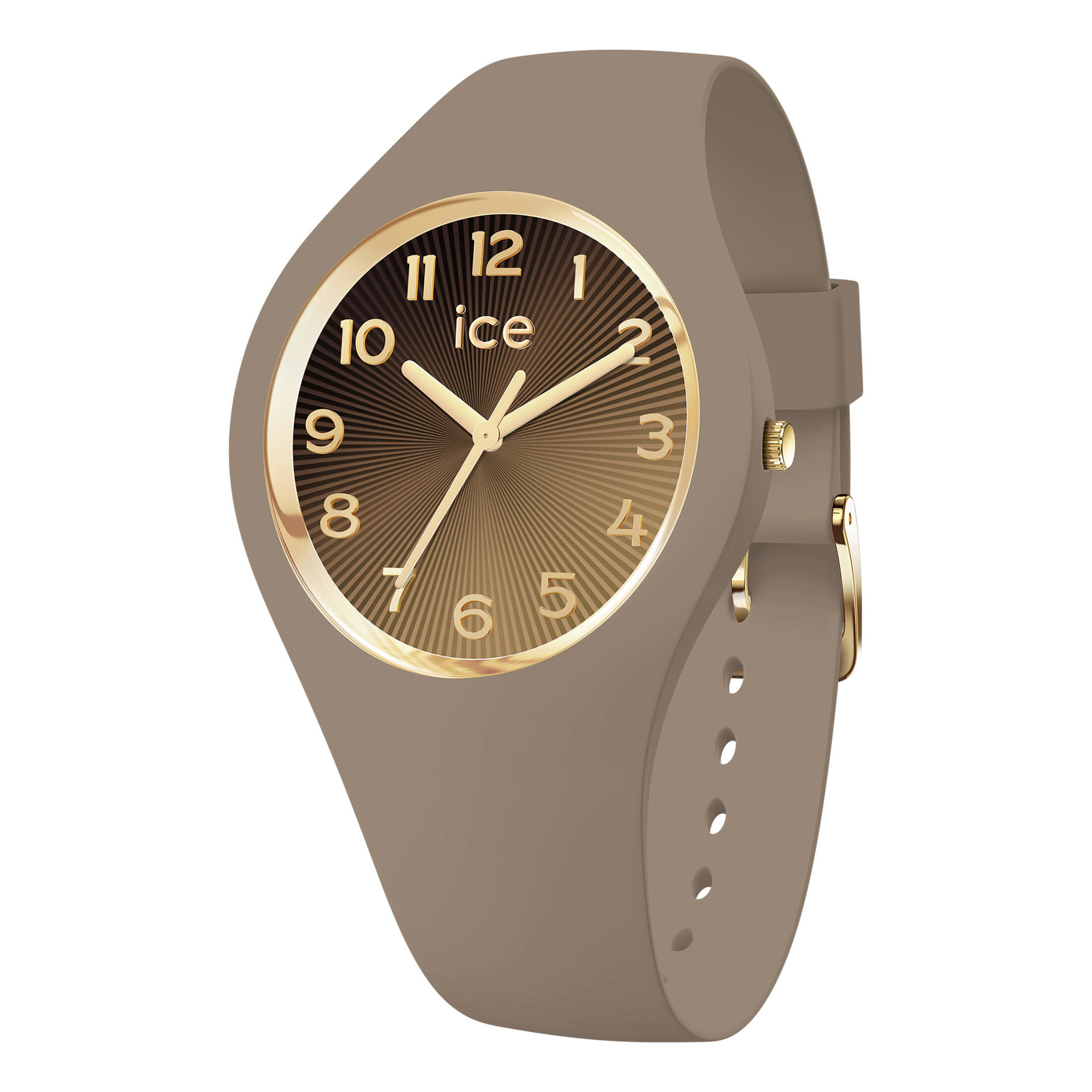 ICE champagne Taupe cappuccino S37 - 3H horloge (modelnummer 026175) biedt een elegante taupe siliconen band, bruine wijzerplaat met Arabische indexen en een ronde kunststof behuizing. Deze analoge quartz polshorloge is waterdicht tot 10 ATM. Perfect voor dagelijks gebruik; draag het stijlvol bij casual en zakelijke outfits. Geen datumaanduiding en standaard bandmodel.