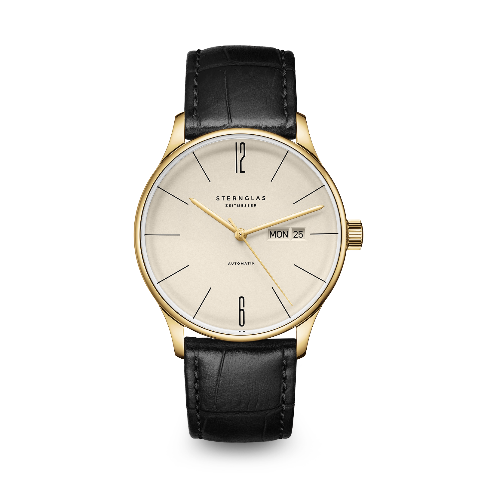 Model Berlin automaat, goudkleurige kast en champagne kleurige wijzerplaat, zwart leren band.
Horloge heeft dag / datum aanduiding