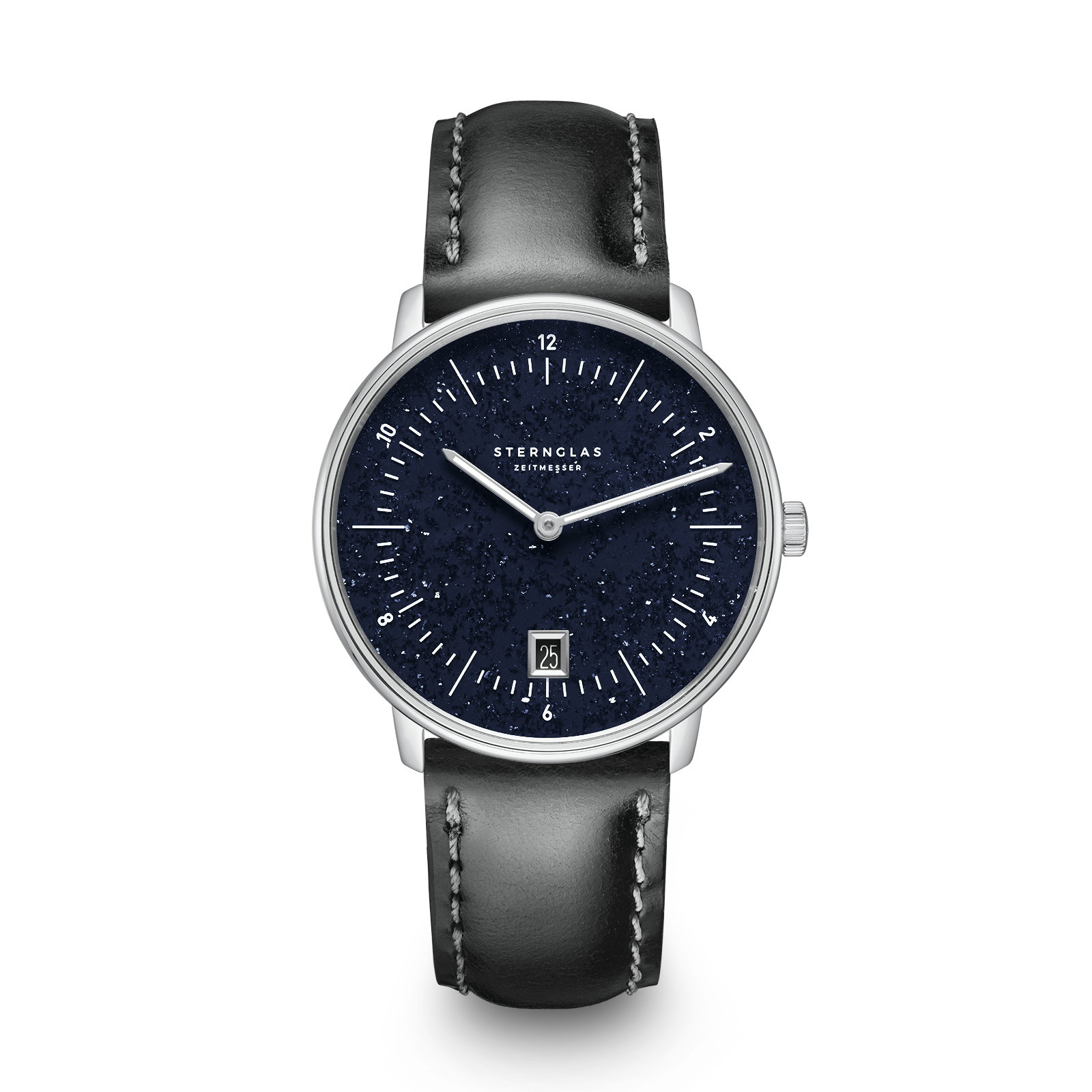 Zilverkleurig horloge met blauwe wijzerplaat uit de serie Aventurine. Zwart leren band.