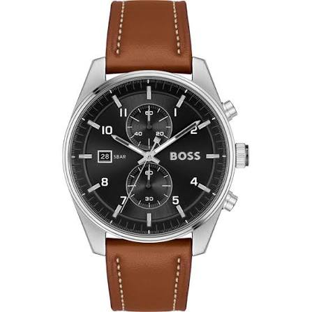 chrono-bruin leren armband- stalen kast-zwart wijzerplaat- datum-44mm-5atm
