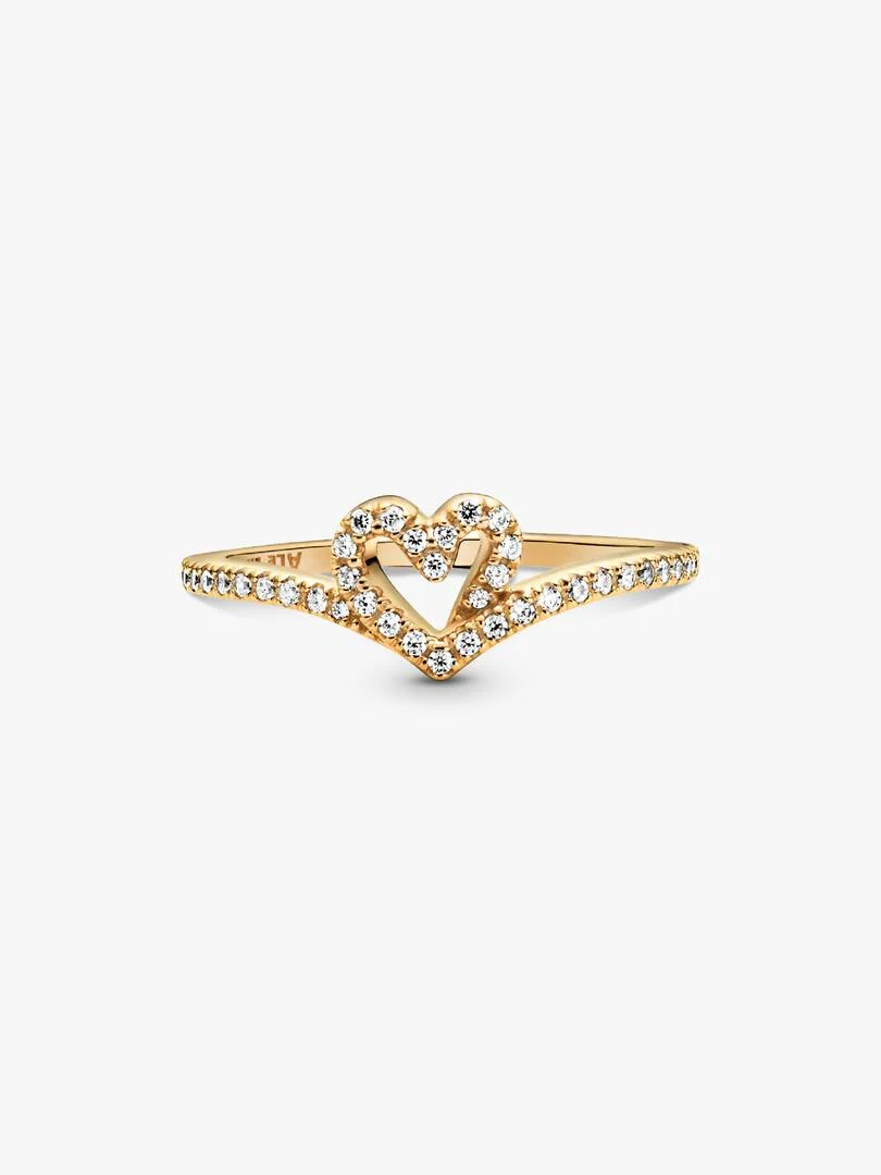 Heart and wishbone 14k gold-plated ring with clear cubic zirconia 