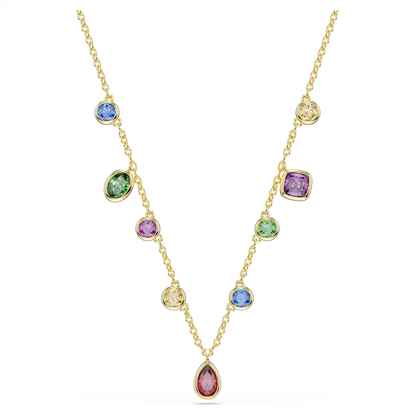 Dit sieraad uit de Imber-collectie is een delicate, goudkleurige halsketting voorzien van een 18k goudvergulde toplaag. Het ontwerp valt op door een speelse, organische rij van sprankelende veelkleurige Swarovski Zirkonia-kristallen in verschillende vormen (mixed cuts), waaronder zachte tinten blauw, geel en lila. De ketting is flexibel te verstellen naar een lengte van 38 tot 45 cm en sluit met een veilige karabijnsluiting.