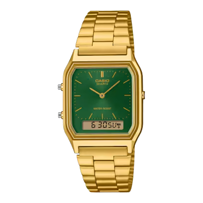 Der Casio Digital/Analog Metallband in Gelb, Modellnummer AQ-230GA-3AMQYES, kombiniert klassische Analog-Anzeige mit modernem Digitaldisplay. Diese Armbanduhr besticht durch ihre elegante Metallarmband und ist ideal als modisches Accessoire oder f&uuml;r den t&auml;glichen Gebrauch. Tragen Sie sie zu legeren oder formellen Outfits f&uuml;r einen stilvollen, zeitlosen Look. Perfekt f&uuml;r jeden Anlass.