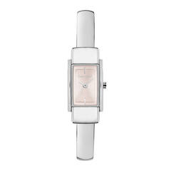 Zilver kleurig dameshorloge met een spangband en rose wijzerplaat