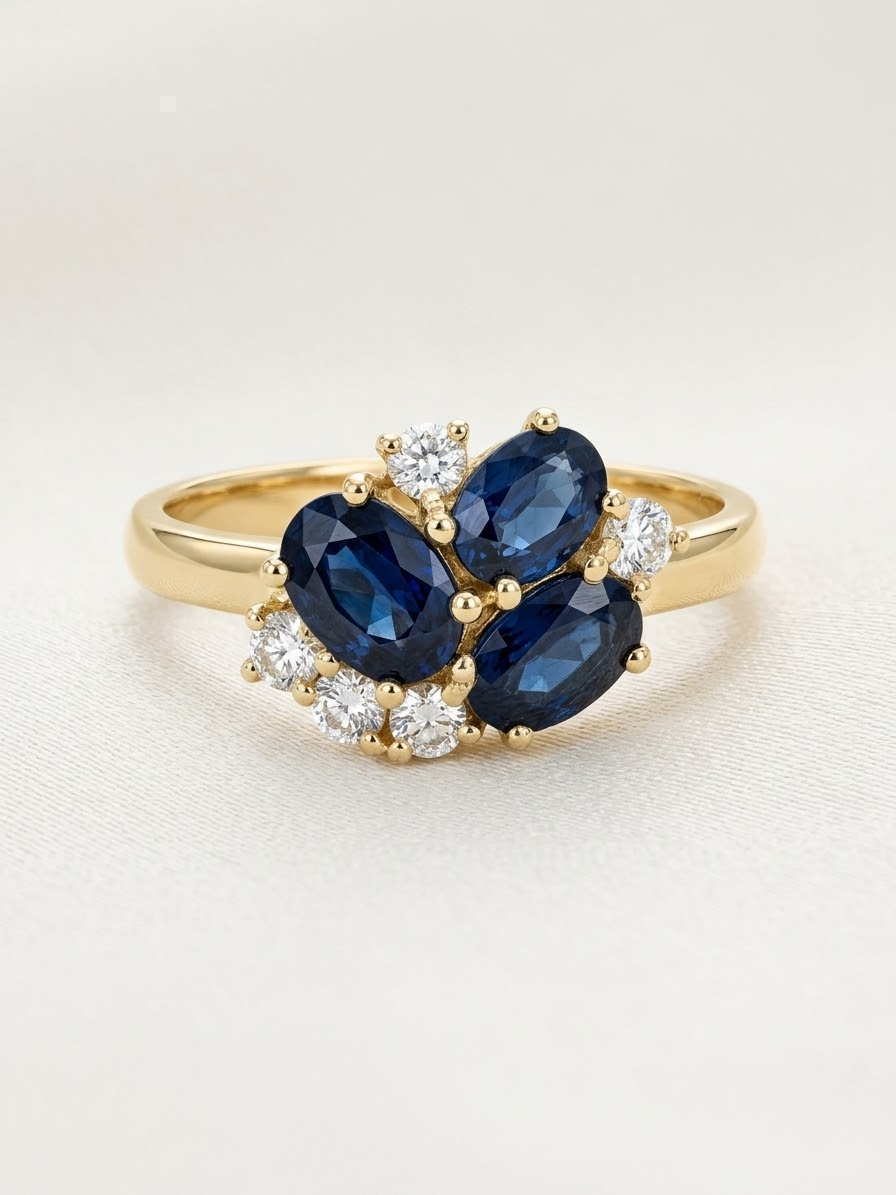 Ring 18 karaat geel goud eigen creatie met saffier blauwe 1.46ct en natuurlijke briljant 0.20ct