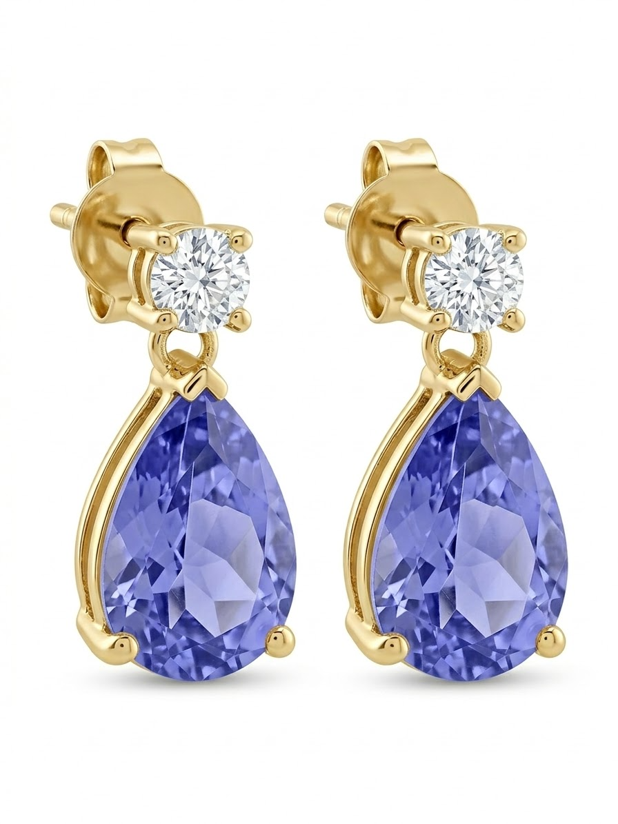 Oorbellen eigen creatie met 18 karaat geel goud en druppelvormige prachtige tanzanite en natuurlijke briljant 0.14ct