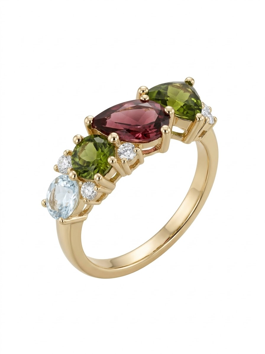 Ring 18 karaat met verschillende tourmalines en natuurlijke dbriljant ertussen 0.20ct 