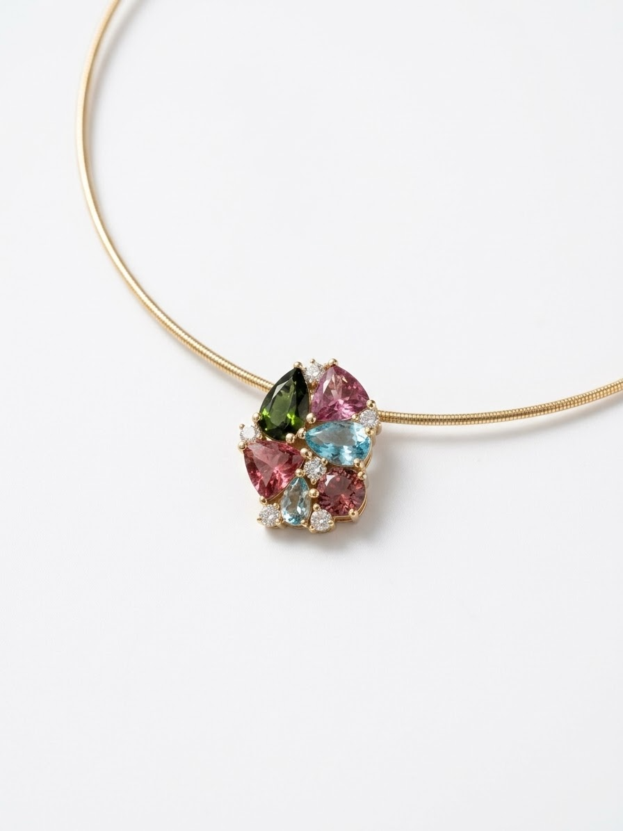 Eigen creatie hanger met troumaline in verschillende kreunen passende bij eigen creatie ring en oorbellen en ook met natuurlijke briljant ertussen gezet 6 x 0.04ct