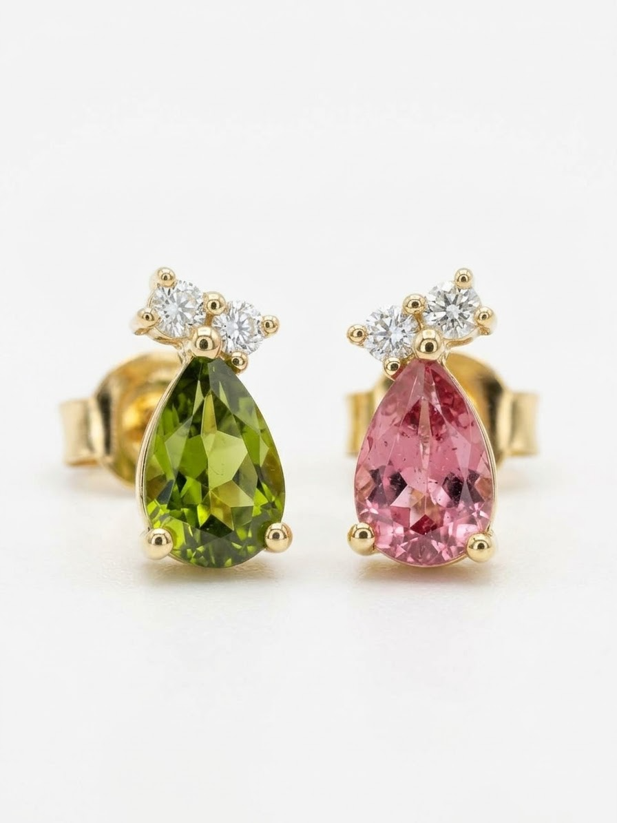 Oorbellen eigen creatie met verschillende kleuren tourmaline en 4 x 0.04ct briljant