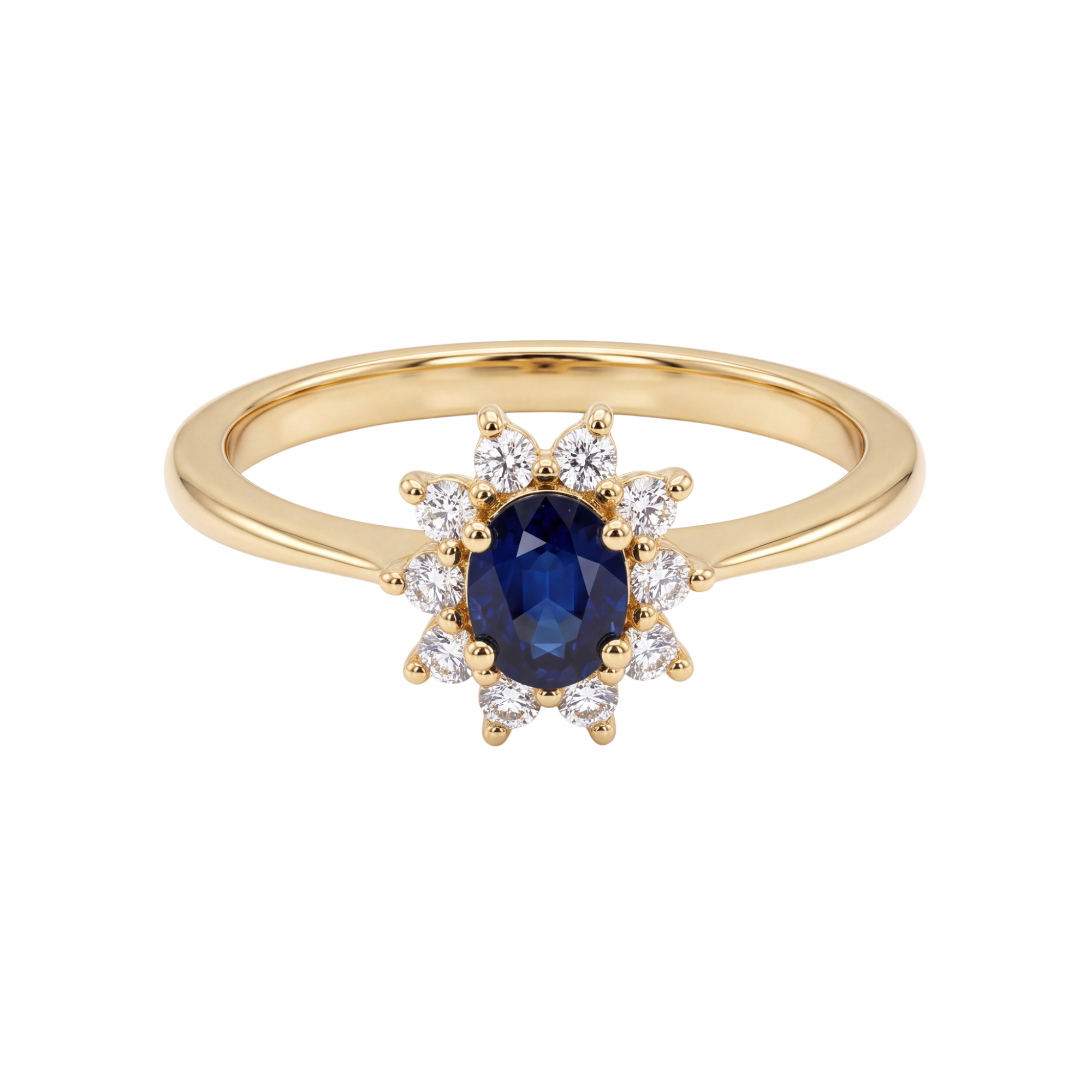 Voel je koninklijk met de iconische 14 karaat geelgouden Lady Di ring van Juwelier Rijk. Deze klassieke rozetring schittert met een diepblauwe ovale saffier in het centrum, omringd door een krans van 0.19 ct H/SI kwaliteit diamanten. Een tijdloos sieraad vol elegantie en koninklijke allure. Kom deze schitterende gouden damesring bewonderen en passen bij Juwelier Rijk aan de Heiligeweg 10 in Amsterdam of bestel eenvoudig online.