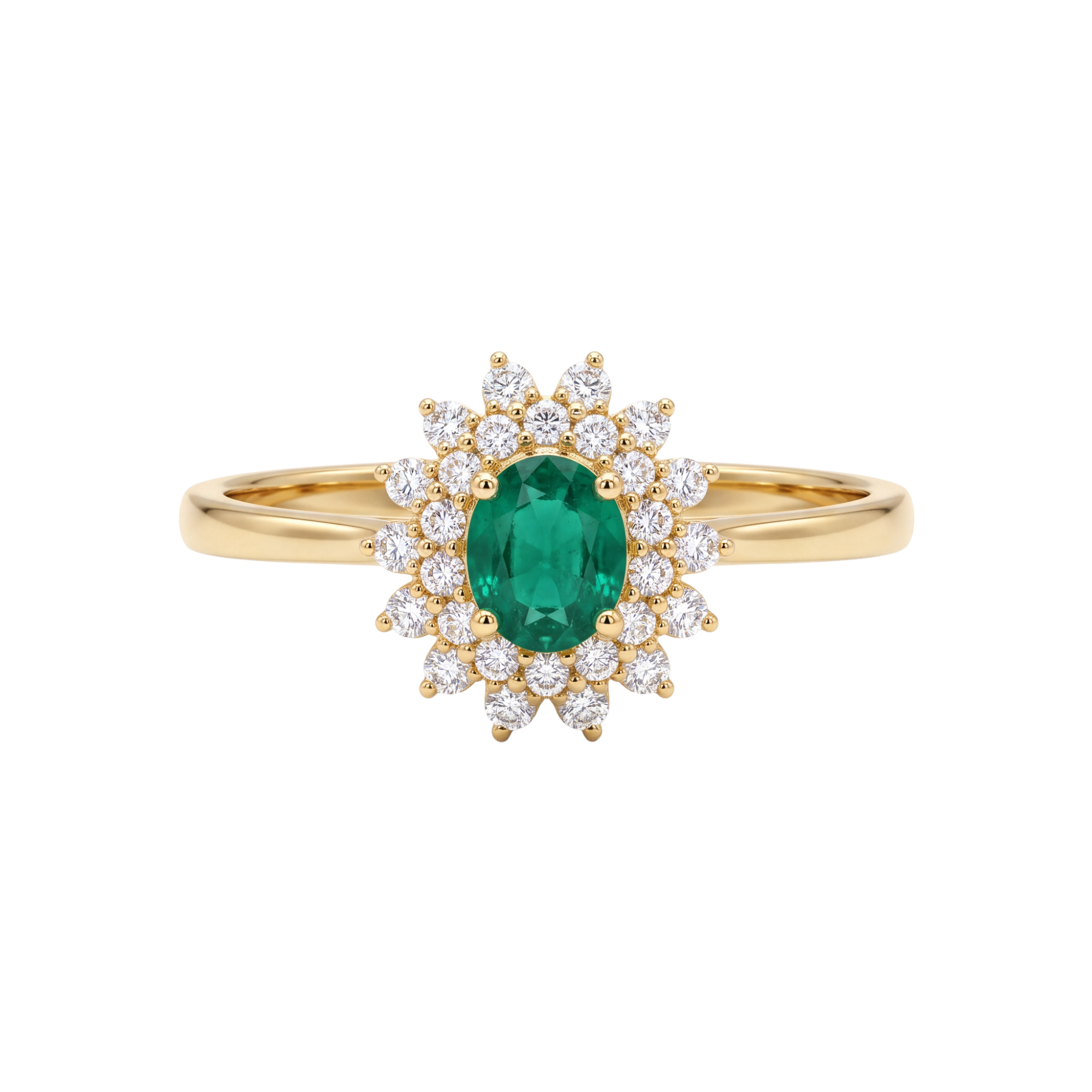 Schitter met koninklijke grandeur dankzij deze 14 karaat geelgouden dubbele entourage ring van Juwelier Rijk. Het middelpunt vormt een levendige ovale smaragd (5x4 mm), omarmd door een dubbele krans van 0.252 ct H/SI kwaliteit diamanten. Een majestueuze gouden damesring met een onge&euml;venaard spel van licht en kleur. Bewonder en pas deze bijzondere smaragd ring bij Juwelier Rijk aan de Heiligeweg 10 in Amsterdam of bestel direct online.