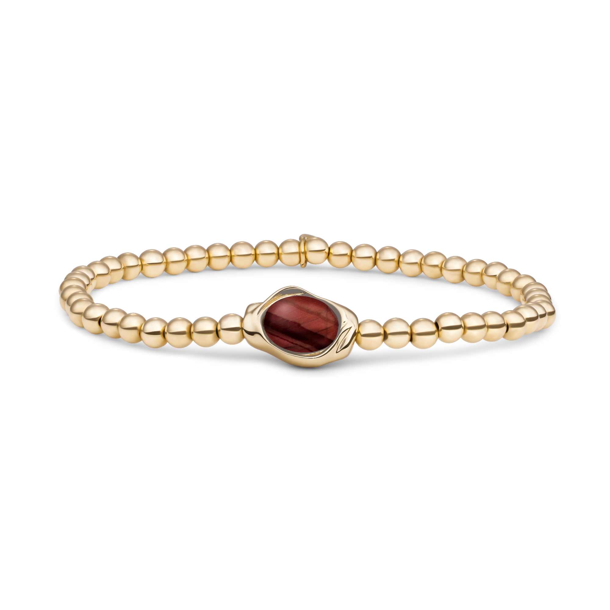De Bracelet I Red Tiger Eye Flow - Gold, modelnummer SB-G-4MM-FLG15, is een prachtige armband gemaakt van goudgeplateerd 925 sterling zilver en is hypoallergeen. Met een elegante rode tijgeroogsteen is deze armband ideaal voor een polsomvang van 18cm. Draag deze armband alleen of mix en match met andere sieraden voor een verfijnde look. 