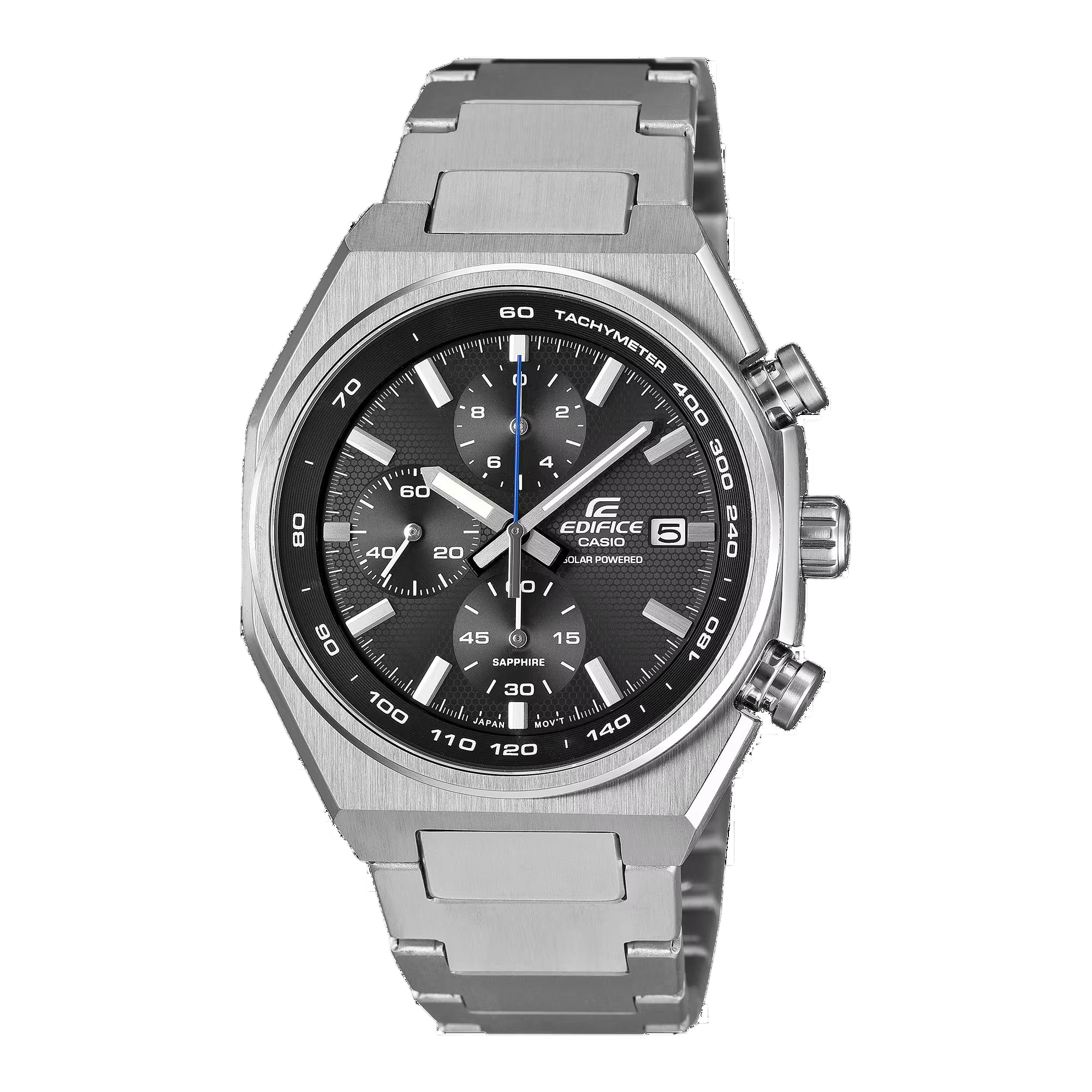 Snelheid en intelligentie binnen handbereik. De EDIFICE EFS-S660 belichaamt de opwinding van het autorijden in een ontwerp dat draait om eenvoudige, no-nonsense functionele schoonheid. 

Dit analoge horloge biedt alle meetfuncties die je nodig hebt in een slanke, compacte kast van slechts 38,3 mm. De chronograafsecondenwijzer in het midden zorgt voor een uiterst nauwkeurige stopwatch met een nauwkeurigheid van 1/20 seconde, terwijl je met de tachymeter aan de buitenrand van de lunette je gemiddelde snelheid kunt berekenen. De wijzerplaat is voorzien van een verfijnde structuurafwerking, maar laat toch voldoende licht door om zonne-energie op te wekken, zodat je er volop op kunt blijven rekenen.  

De centrale secondewijzer is ontworpen met het oog op goede afleesbaarheid en zorgt ervoor dat u de tijd in &eacute;&eacute;n oogopslag kunt aflezen, waardoor hij precies dat praktische nut biedt waar elke motorsportliefhebber naar op zoek is. Met saffierglas, een waterdichtheid tot 10 bar en opladen via zonne-energie biedt dit horloge betrouwbare ondersteuning, wat je dag ook brengt. 

Kies je favoriete model: de strakke, stoere EFS-S660D-1A met roestvrijstalen kast en horlogeband en een blauwe centrale secondewijzer, of de sportieve EFS-S660PB-1A met een grijze, ion-geplateerde kast, een kunststof horlogeband en een rode centrale secondewijzer.