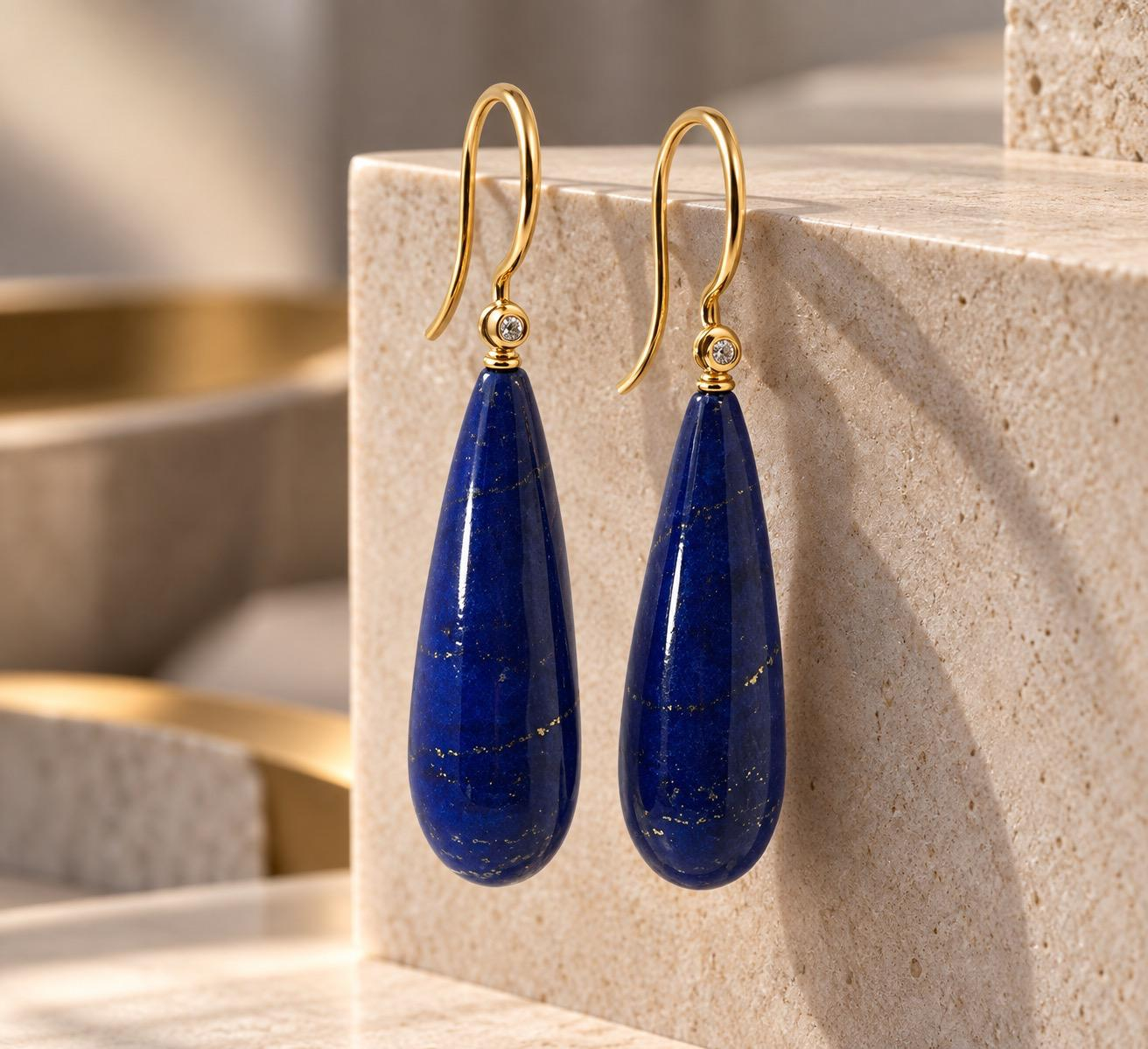 Lapislazuli & Gold &ndash; tiefes Blau, zeitlose Eleganz
Das intensive Blau des Lapislazuli macht diese Einh&auml;nger zu einem besonderen Blickfang. Feine nat&uuml;rliche Einschl&uuml;sse verleihen jedem Stein seinen individuellen Charakter und unterstreichen seine einzigartige Ausstrahlung.
Kombiniert mit edlem 750er Gold entsteht ein spannungsvolles Zusammenspiel aus tiefem Blau und warmem Gold &ndash; klar, elegant und ausdrucksstark.
Dank der Einh&auml;ngefunktion lassen sich die Lapislazuli-Tropfen vielseitig kombinieren und verwandeln den Ohrschmuck im Handumdrehen.
Lapislazuli &middot; Gold 750 &middot; Einh&auml;nger &middot; Unikatcharakter