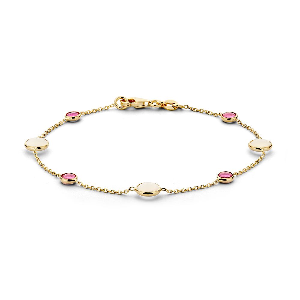 Excellent Jewelry - 14kt Geelgouden Stijlvolle en verfijnde armband met maansteen en robijn 18.5cm - AW137574
