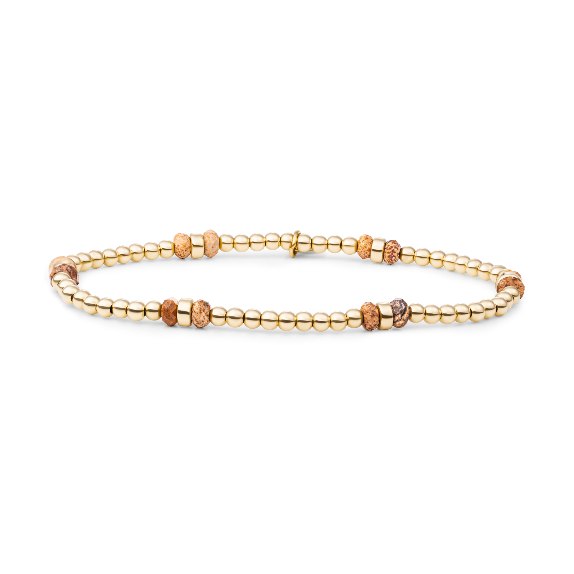 De Bracelet Landscape Jasper Double Reverse Roundel Gold (modelnummer SBG-GEM22-MIX-DBFCTRDL) is een elegante armband van goudverguld 925 sterling zilver, hypoallergeen en in een bruine kleur. Met een lengte van 18cm voegt het een vleugje luxe toe aan elke outfit. Draag deze prachtige armband als een statement piece bij zowel casual als formele gelegenheden.