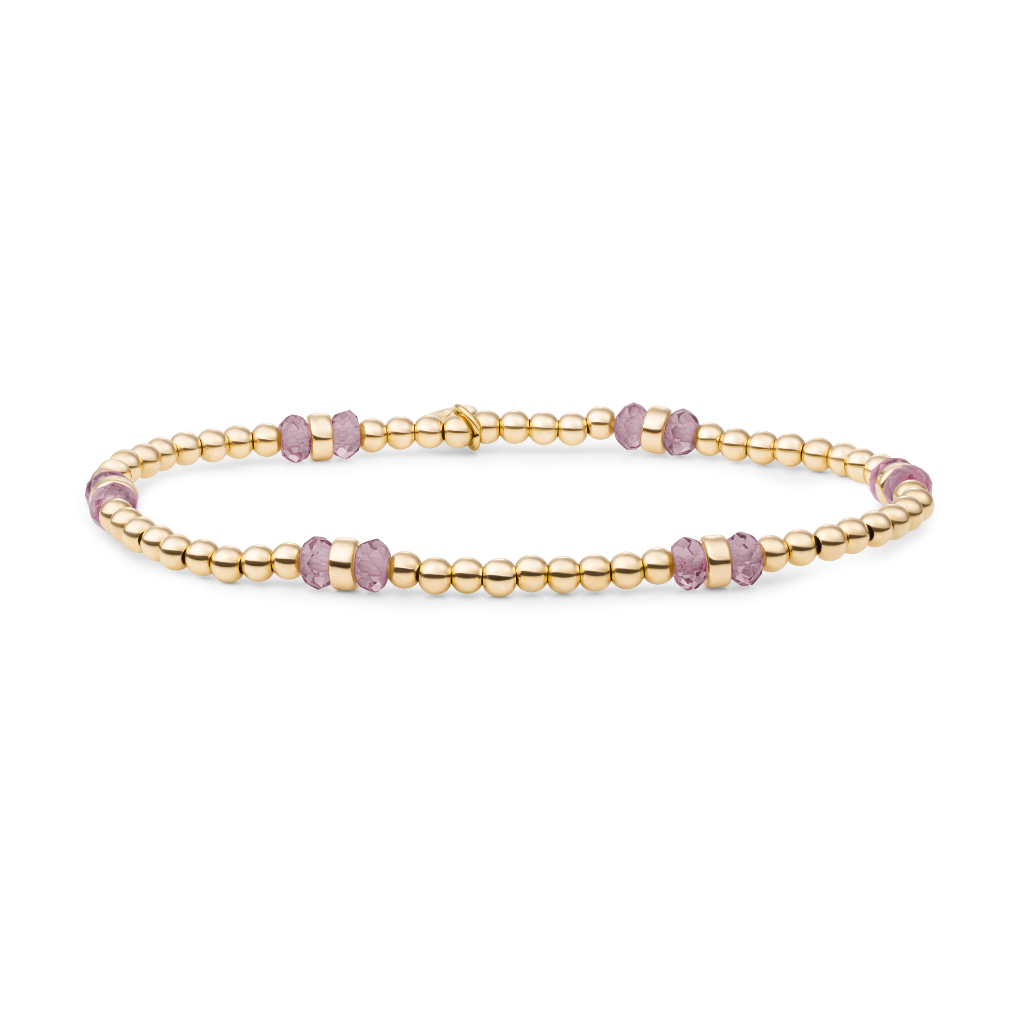 De Bracelet Aubergine Quartz Double Reverse Roundel Gold, modelnummer SBG-GEM59-MIX-DBFCTRDL, is een elegante armband gemaakt van goudgeplateerd 925 sterling zilver. De armband is hypoallergeen en heeft een rijke paarse kleur. Deze nieuwe armband is 18cm groot. Draag het solo of combineer met andere gouden sieraden voor een verfijnde look. Perfect voor speciale gelegenheden.
