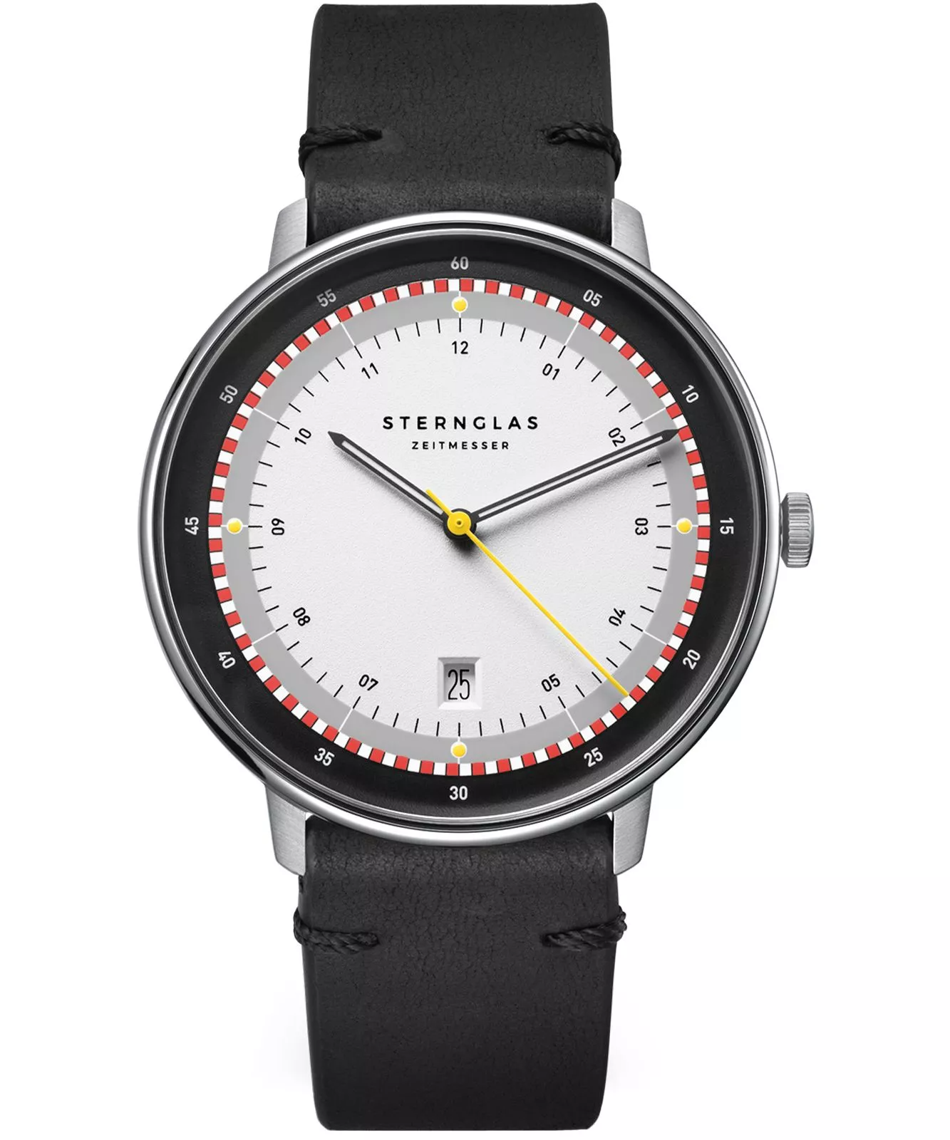 Zilverkleurige kast met meerkleurige wijzerplaat en zwart leren band.
Limited edition nr.812 van de 1500.