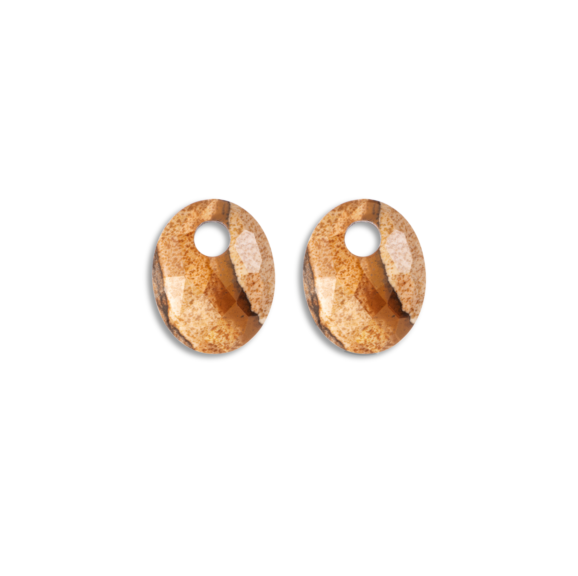 De Earstones I Small Oval - Landscape Jasper (modelnummer EAGEM22-SO) van een onbekend merk is een hanger speciaal voor een oorbel. Het is hypoallergeen, bruin van kleur en vervaardigd uit jaspis. De hanger is 12 mm breed en in nieuwe staat. Draag het als een elegante toevoeging aan je oorbellen voor een verfijnde look.