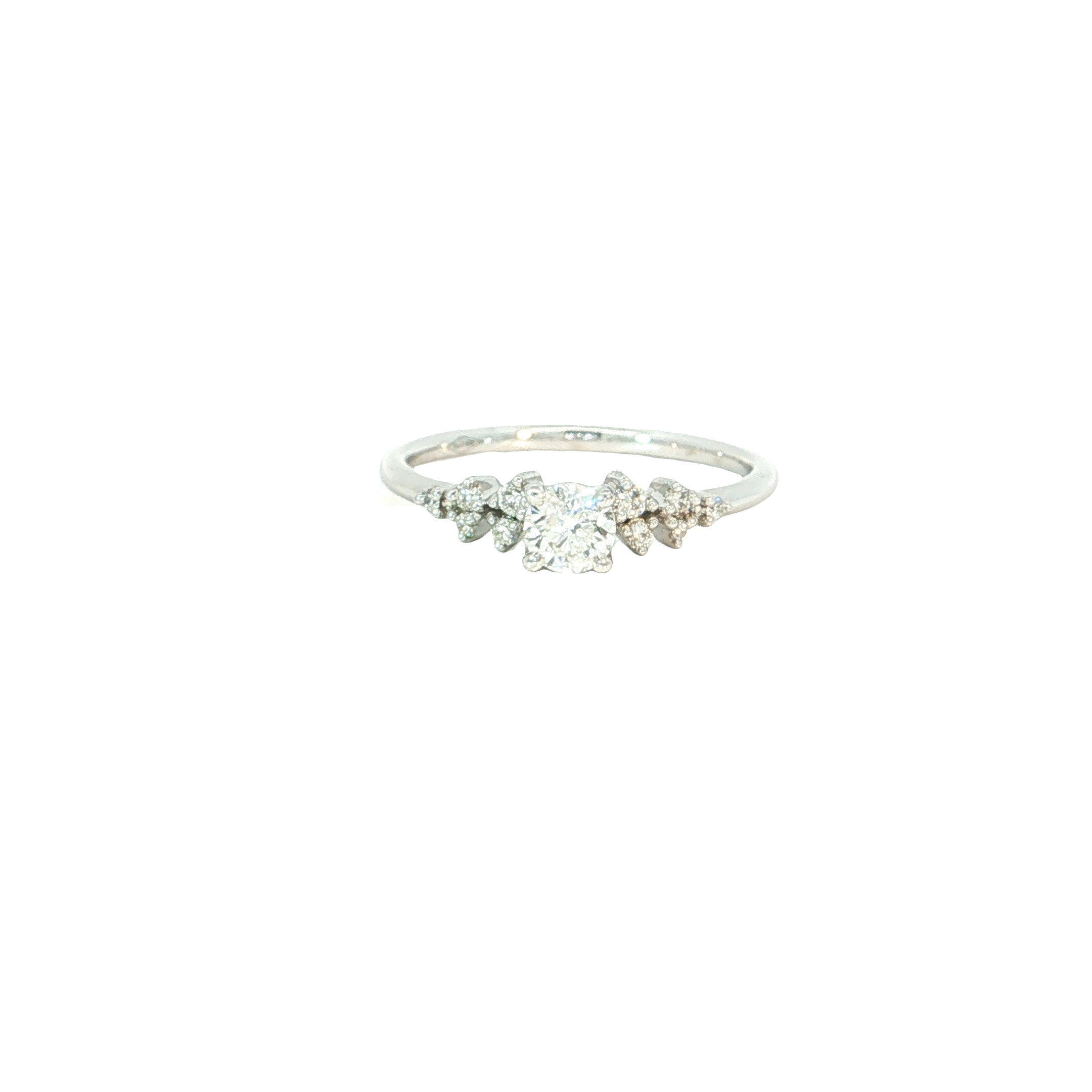Een elegante en verfijnde ring, vervaardigd in 18 kt witgoud, met centraal een schitterende briljant geslepen diamant als stralend middelpunt.
Aan weerszijden wordt de centrumsteen omringd door kleinere briljanten in een speelse, bijna bloemvormige zetting. Deze fijne compositie zorgt voor extra schittering en geeft het ontwerp een romantische, vrouwelijke uitstraling zonder aan tijdloze elegantie in te boeten.
De slanke, gepolijste ringscheen houdt het geheel licht en verfijnd en laat de diamanten volledig tot hun recht komen.
Een subtiel luxueuze creatie die perfect past als verlovingsring of als bijzonder diamantjuweel voor elke gelegenheid.