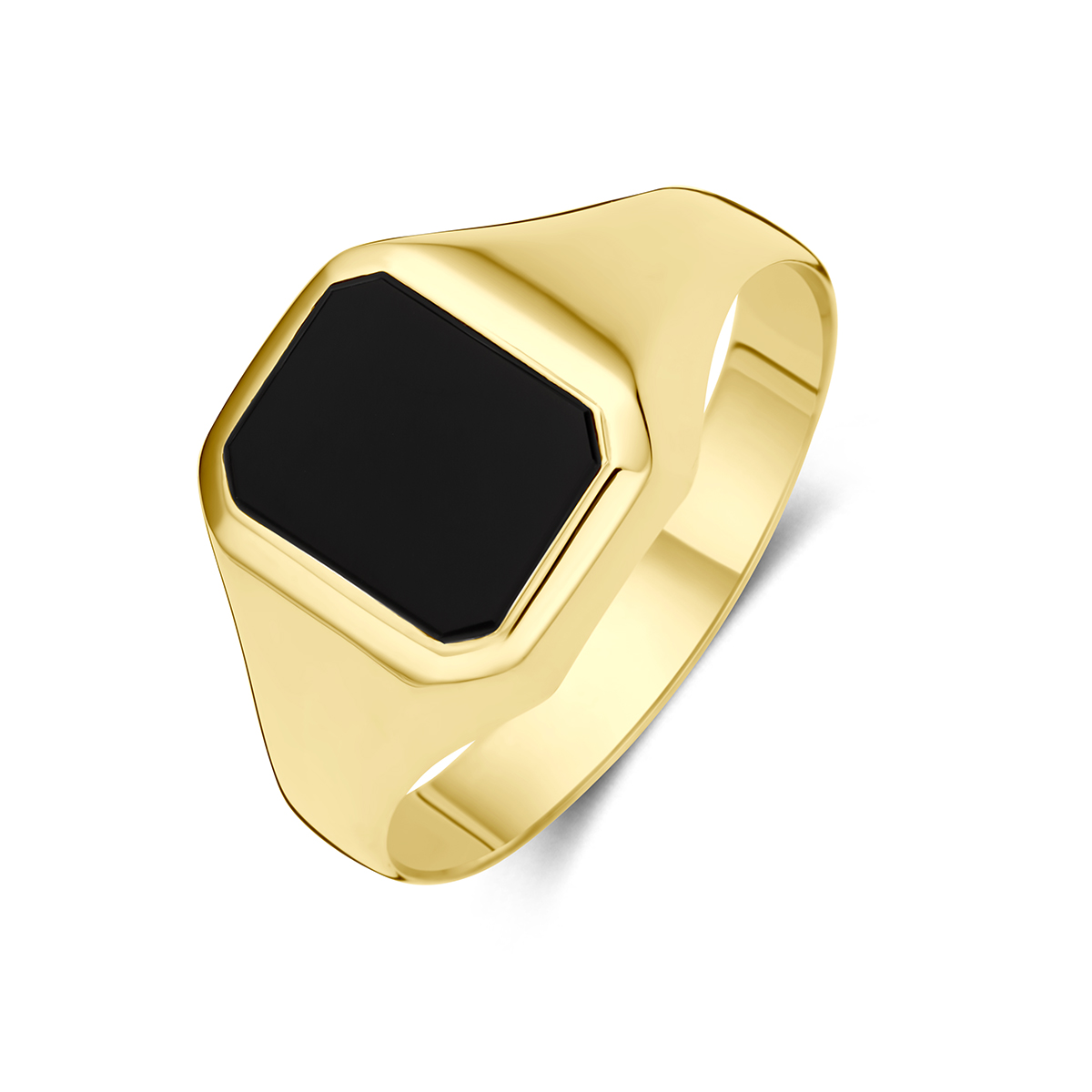 9k Geelkleurige zegelring met onyx. De ring heeft een breedte van 12mm.