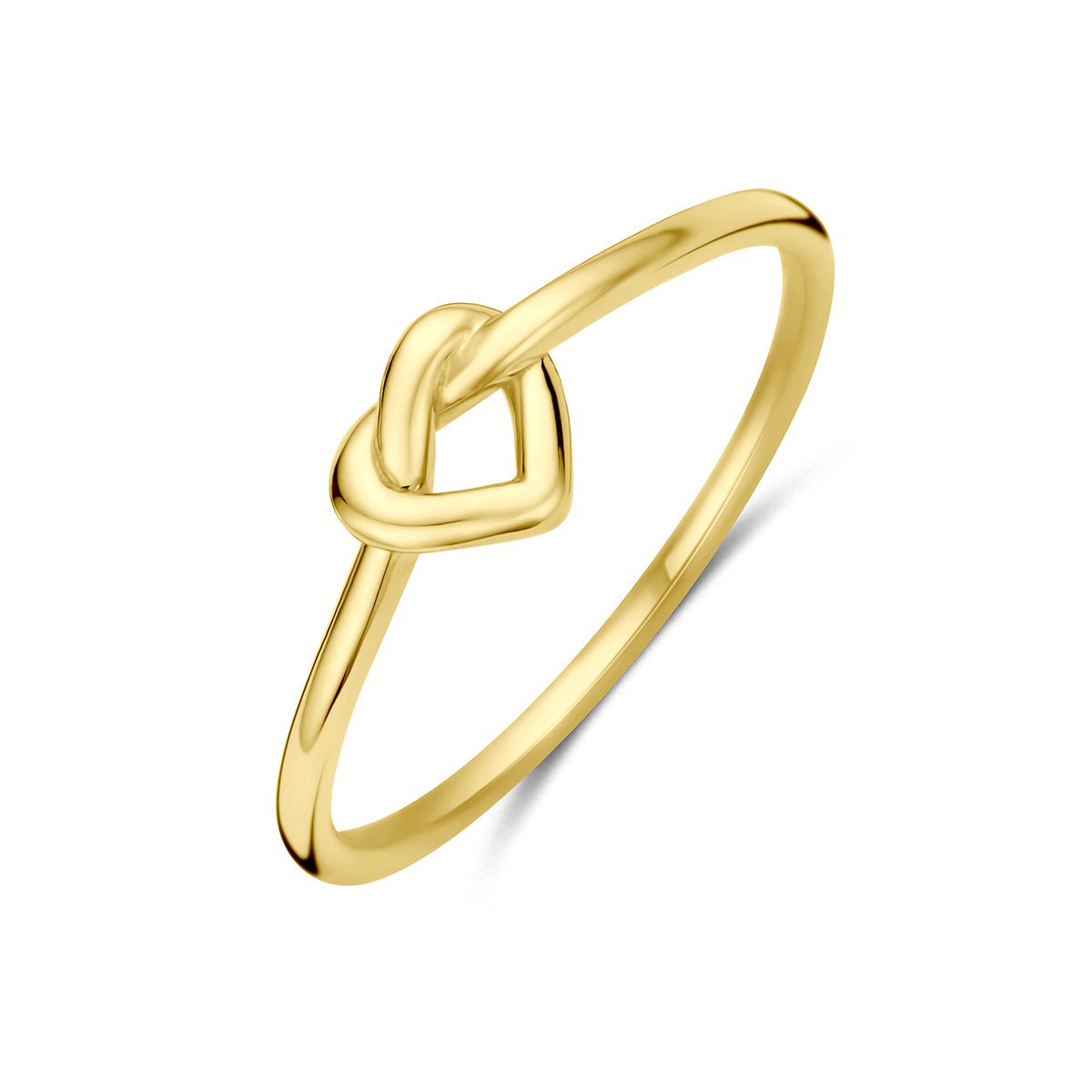 9k Geelkleurige ring met een knoop in de vorm van een hartje. De ring heeft een breedte van 5mm.