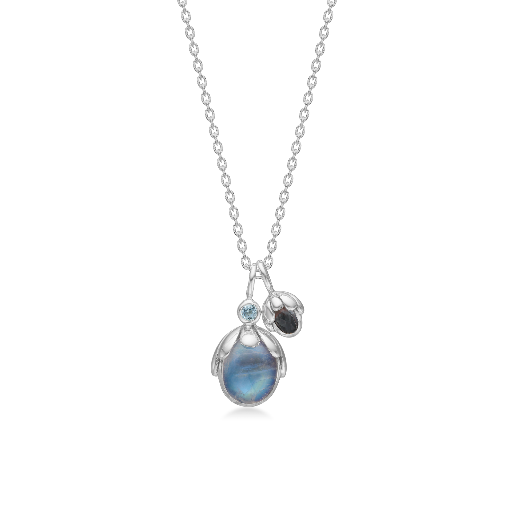 Rabinovich zilveren collier Bud met maansteen, blauwe kwarts en blauwe topaas. De lengte is verstelbaar van 42-45cm.