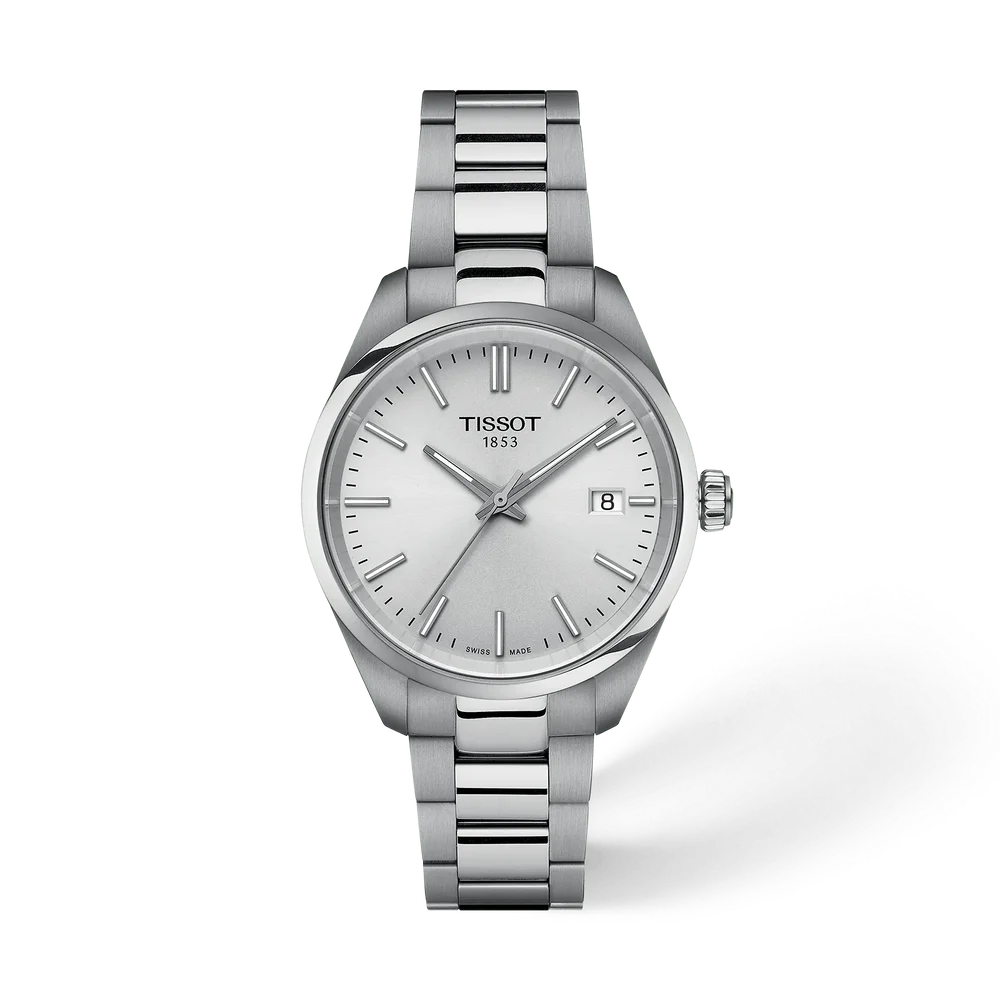 Dames polshorloge Tissot model PR 100 met een zilver kleurige wijzerplaat en stalen band.