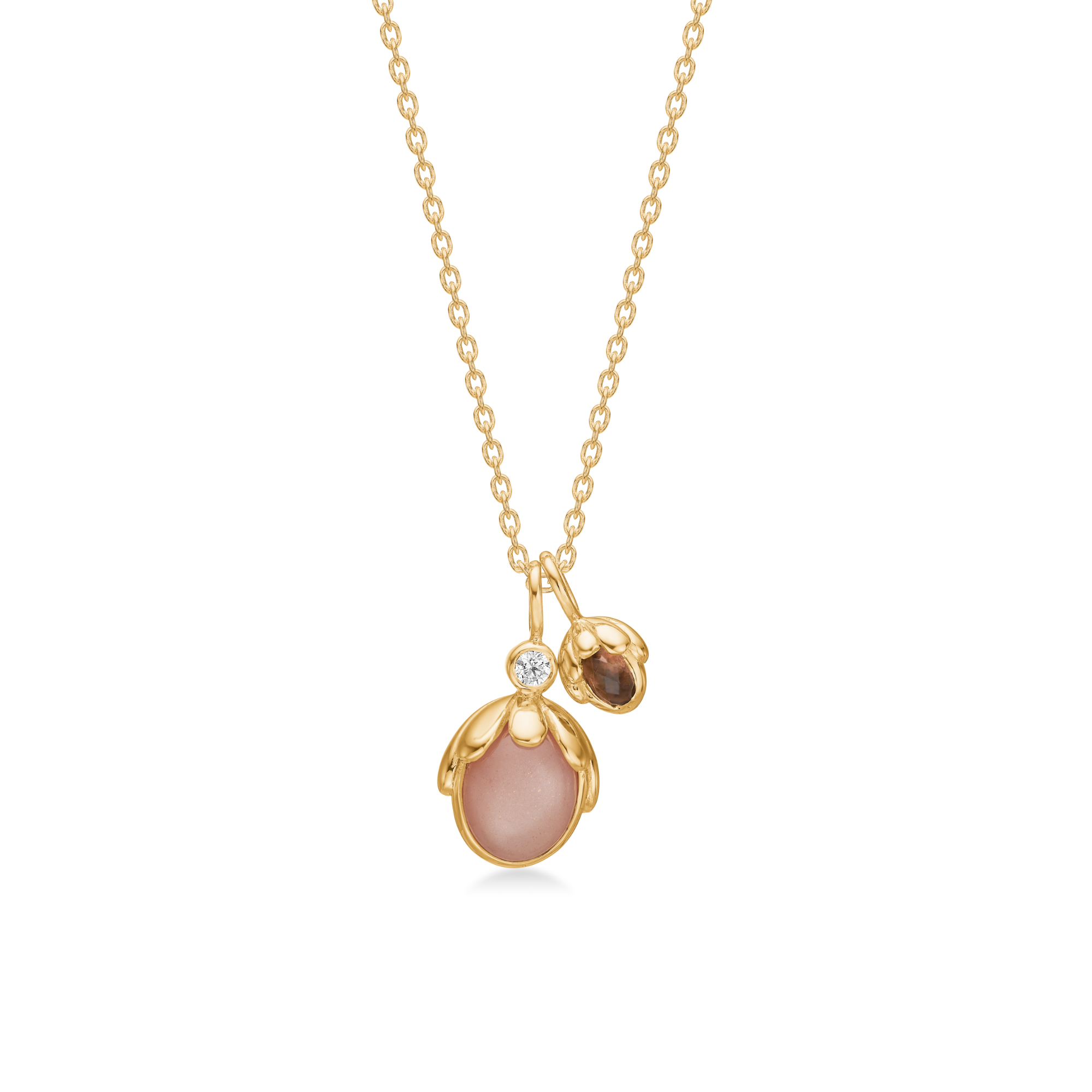 Rabinovich zilver verguld collier Bud met perzik maansteen, rookkwarts en zirkonia. De lengte is verstelbaar van 42-45cm.