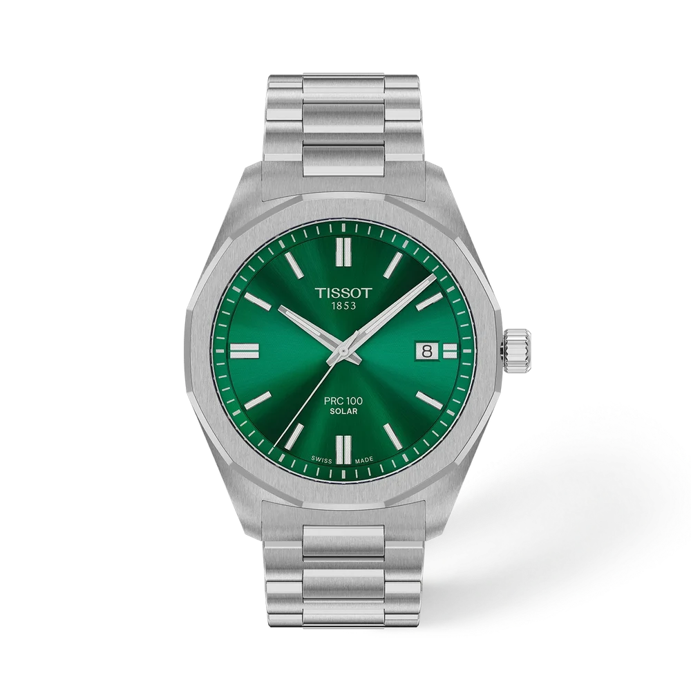 Polshorloge Tissot model PRC100 Solar met een groene wijzerplaat en stalen band.