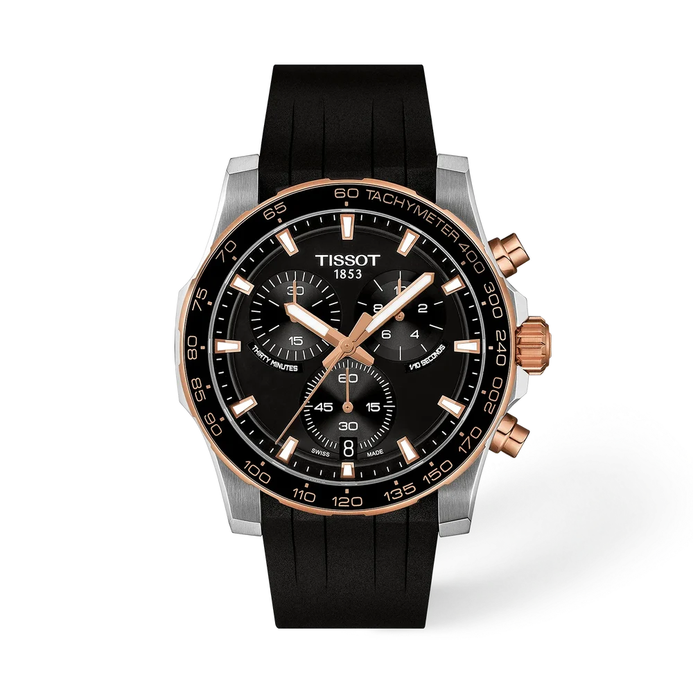 Polshorloge Tissot model Super Sport Chrono met zwarte met ros&eacute; pvd lunette en wijzerplaat en zwarte rubberen band.