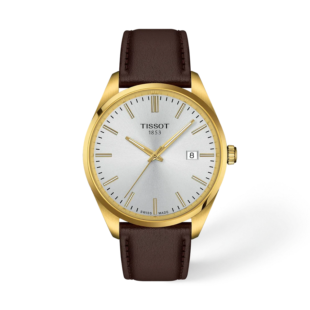 Polshorloge Tissot model PR100 met een witte wijzerplaat en pvd kast en bruine leren band.