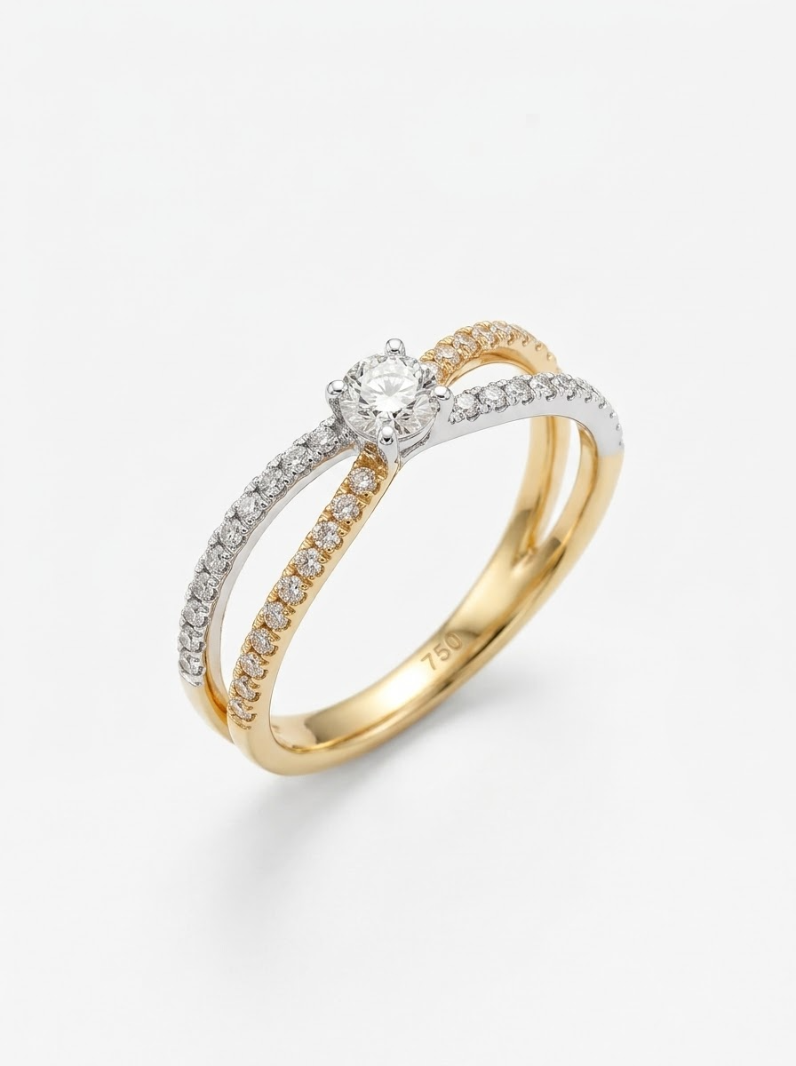 ring 18 karaat bicolor met natuurlijke briljant gezet  0.48ct 