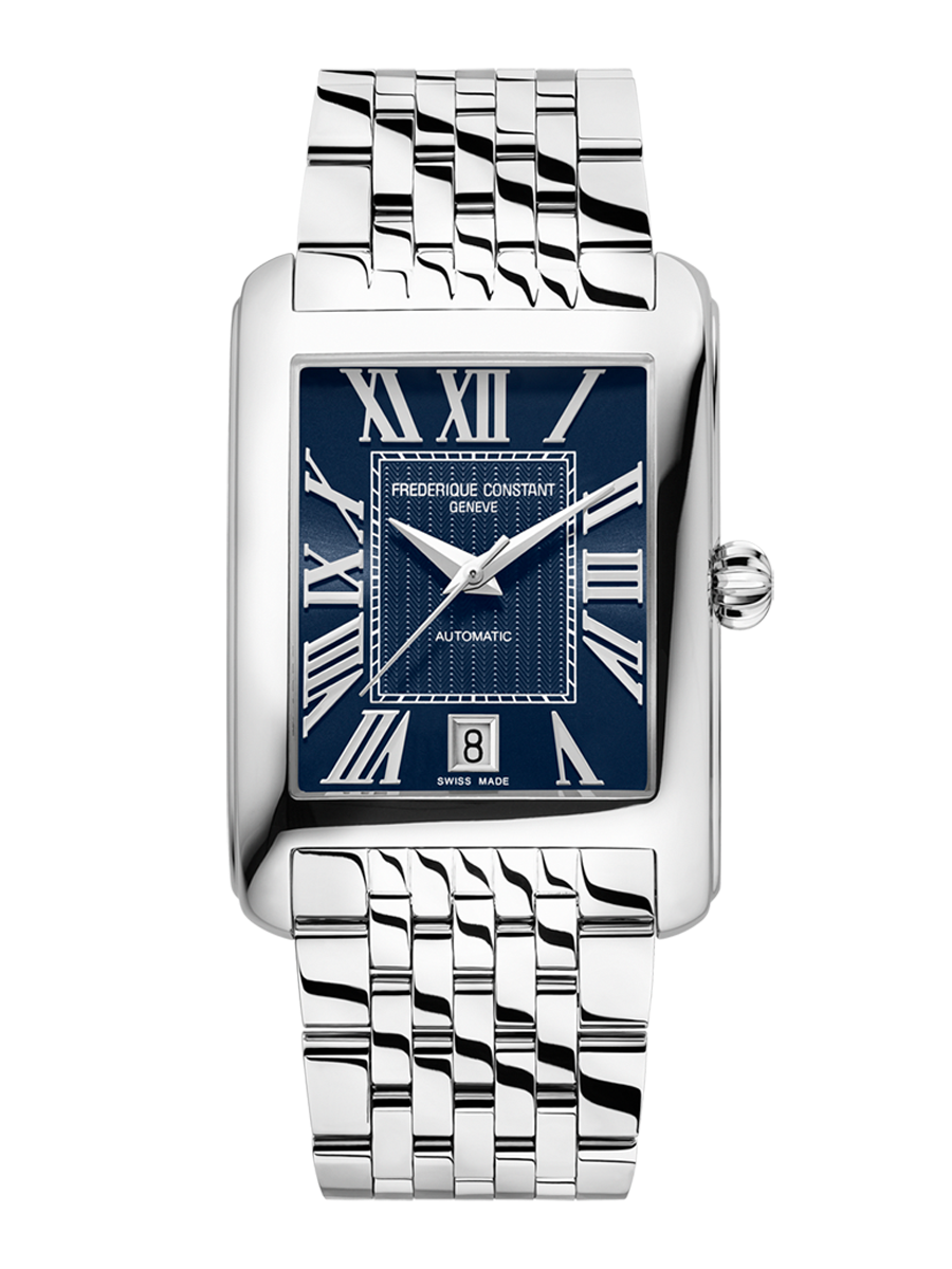 De Frederique Constant Classics Carr&eacute;e Automatic brengt de elegante retrostijl van de jaren 20 samen met hedendaagse Zwitserse horlogerie.

De intens diepblauwe wijzerplaat, voorzien van een verfijnde zonnestraalafwerking en subtiele verticale lijnstructuur, speelt prachtig met het licht en geeft het horloge een luxueuze diepte.
De gepolijste, rechthoekige kast van 42,30 x 30 mm zorgt voor een uitgesproken silhouet met een elegante vintage uitstraling.
Nikkelkleurige Romeinse cijfers en het discrete datumvenster op 6 uur versterken het klassieke karakter, terwijl het ontspiegelende saffierglas zorgt voor optimale helderheid.
Binnenin tikt het automatische FC-303 uurwerk, goed voor een gangreserve van 38 uur en een authentieke mechanische beleving.

De gegraveerde en geschroefde achterzijde onthult een extra detail van het Zwitserse vakmanschap.
De 7-schakel stalen armband met snelwisselsysteem combineert comfort met veelzijdigheid en maakt het horloge moeiteloos draagbaar van overdag tot &rsquo;s avonds.