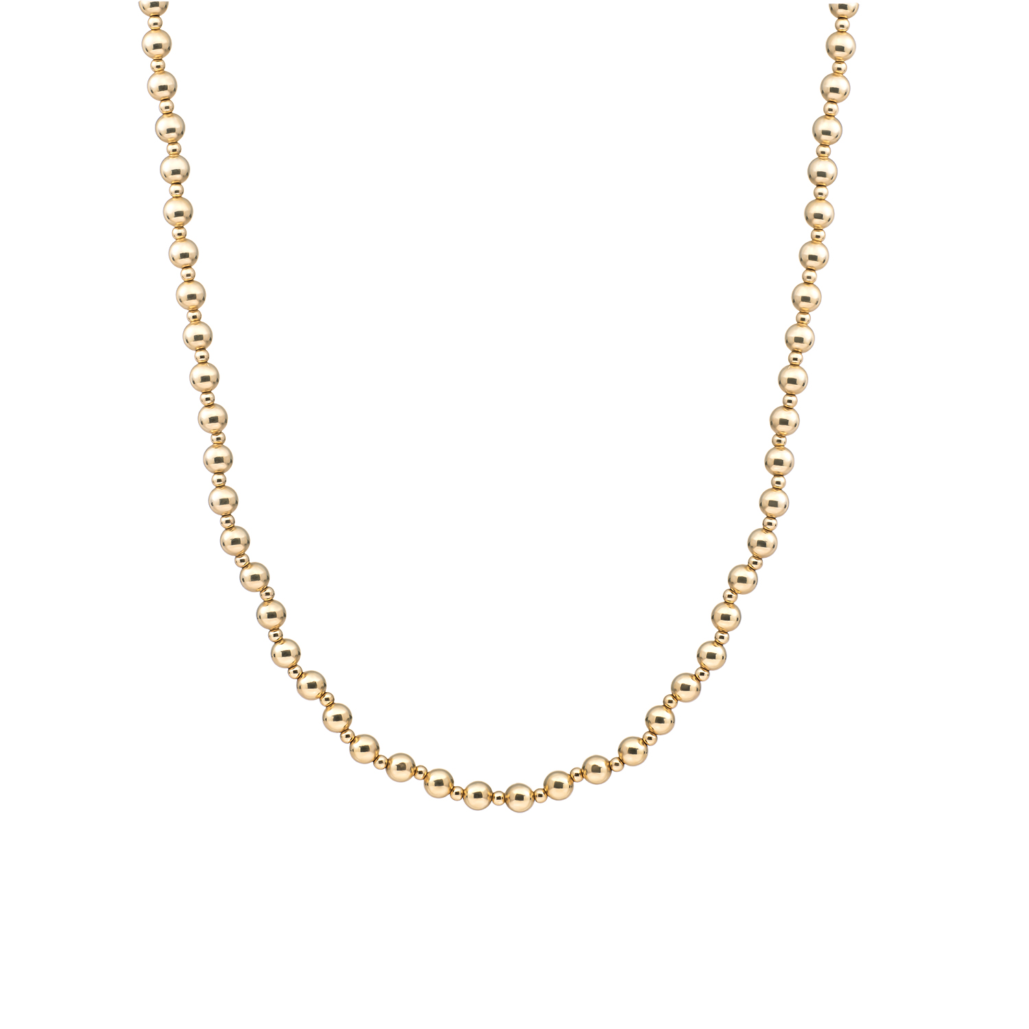 De Beaded Necklace 3mm + 6mm Gold - 42cm + 2cm (modelnummer NLK-G-MIX-042-02) is een fantasie ketting van goudkleurig verguld 925 sterling zilver, hypoallergeen en nieuw. Draag het als een stijlvolle aanvulling op elke outfit, perfect voor zowel formele als casual gelegenheden. De verstelbare lengte zorgt voor een perfecte pasvorm bij elke halslijn.