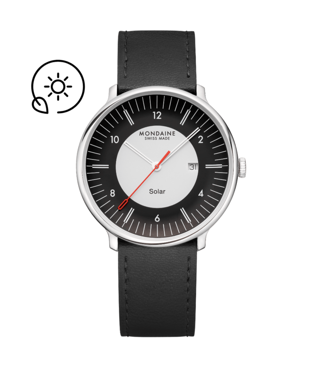 Over de Mondaine Doppio Solar 41 mm
Dit Mondaine Doppio Solar horloge heeft een zilverkleurige kast van 316L roestvrij staal van 41 mm, een zwart-witte, licht transparante wijzerplaat en zwarte vegan druivenleren band. De concave wijzerplaat, dubbele lijnen in de wijzers en indexen en het dubbel gewelfde saffierkristal brengen vintage en modern samen.
Dubbel gewelfd saffierkristal
Het dubbel gewelfde saffierkristal met antireflectiecoating versterkt de diepte van het Doppio-ontwerp en is bijzonder goed bestand tegen krassen.
Swiss Made solaruurwerk
Het solaruurwerk zet zowel natuurlijk licht als kunstlicht om in energie en slaat deze op in een oplaadbare batterij. Twee minuten licht zijn voldoende om een volledig ontladen uurwerk weer ongeveer &eacute;&eacute;n dag te laten lopen; volledig opgeladen bedraagt de gangreserve circa acht maanden. Het horloge heeft ook een datumfunctie.
Vegan druivenleren horlogeband
De zwarte vegan druivenleren band combineert draagcomfort met een snelwisselsysteem.
Waterbestendig voor dagelijks gebruik
Met een waterbestendigheid van 5 ATM, oftewel 50 meter, is dit horloge bestand tegen regen en spatwater. Het is niet geschikt om mee te duiken.
Specificaties
Artikelnummer
MLE.41920.LBV
Kastdiameter
41 mm
Kastmateriaal
316L roestvrij staal, zilverkleurig
Wijzerplaat
Zwart-witte, licht transparante
Glas
Dubbel gewelfd saffierkristal met antireflectiecoating
Uurwerk
Solar quartz, Swiss Made (Ronda 215), met datumfunctie
Band
Zwarte vegan druivenleren band
Waterbestendigheid
5 ATM / 50 meter
De Mondaine Doppio collectie
De Doppio-collectie draait om gelaagd design: een concave wijzerplaat, dubbel gewelfd saffierkristal en kenmerkende dubbele lijnen cre&euml;ren diepte en een heldere, moderne vormtaal. De collectie combineert Zwitsers vakmanschap met zowel quartz- als solaruurwerken.
Over Mondaine horloges
Mondaine is een Zwitsers familiebedrijf en de offici&euml;le maker van horloges gebaseerd op de stationsklokken van de Zwitserse Spoorwegen. Wereldwijd staat Mondaine bekend om het minimalistische design en de karakteristieke rode secondewijzer.
De horloges zijn Swiss Made en worden geleverd in de originele Mondaine verpakking met fabrieksgarantie. Mondaine.nl is de offici&euml;le Benelux distributeur.