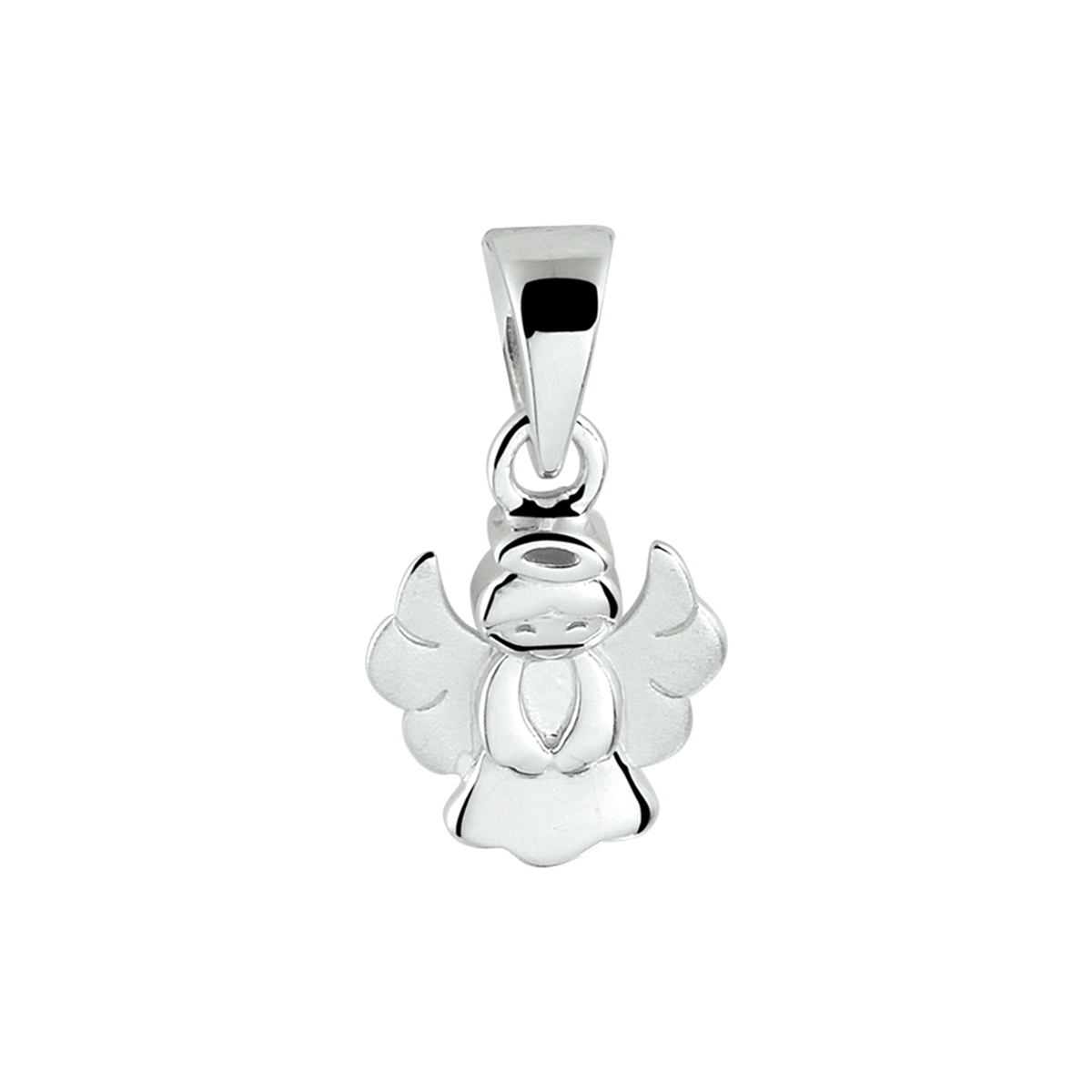 Gerhodineerd zilveren hanger in de vorm van een engel. De hanger heeft een afmeting van 11.5x8mm en een totale hoogte van 1.5cm.