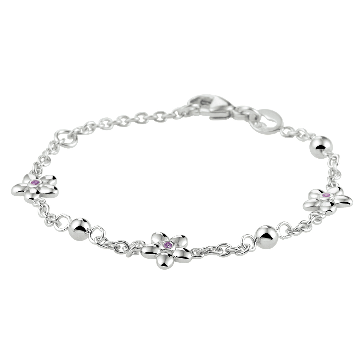Gerhodineerd 925 zilveren armband uitgevoerd met leuke bloemen met daarin een roze zirkonia. De armband heeft draaglengtes van 11 tot 13cm en een stevige karabijn sluiting. De bloemen hebben een afmeting van 6.5x9.5mm. De schakelbreedte is 1.8mm.