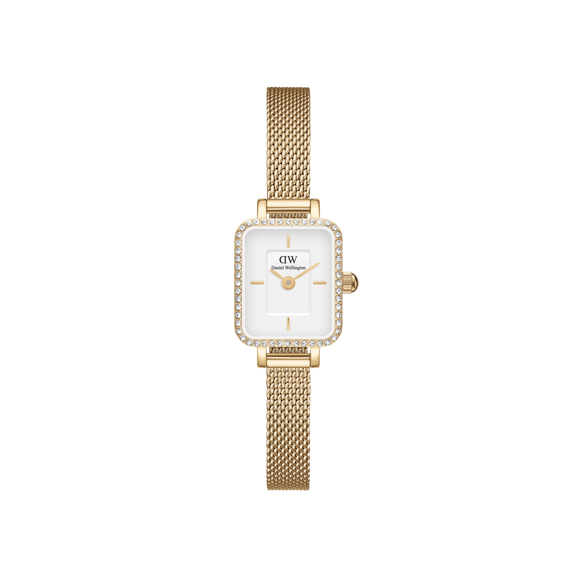 De coole hoekjes van Quadro, verkleind tot ons kleinste horloge ooit. Deze versie van Quadro Mini heeft onze meest klassieke kleurstelling, met een verwisselbare gouden mesh-band.