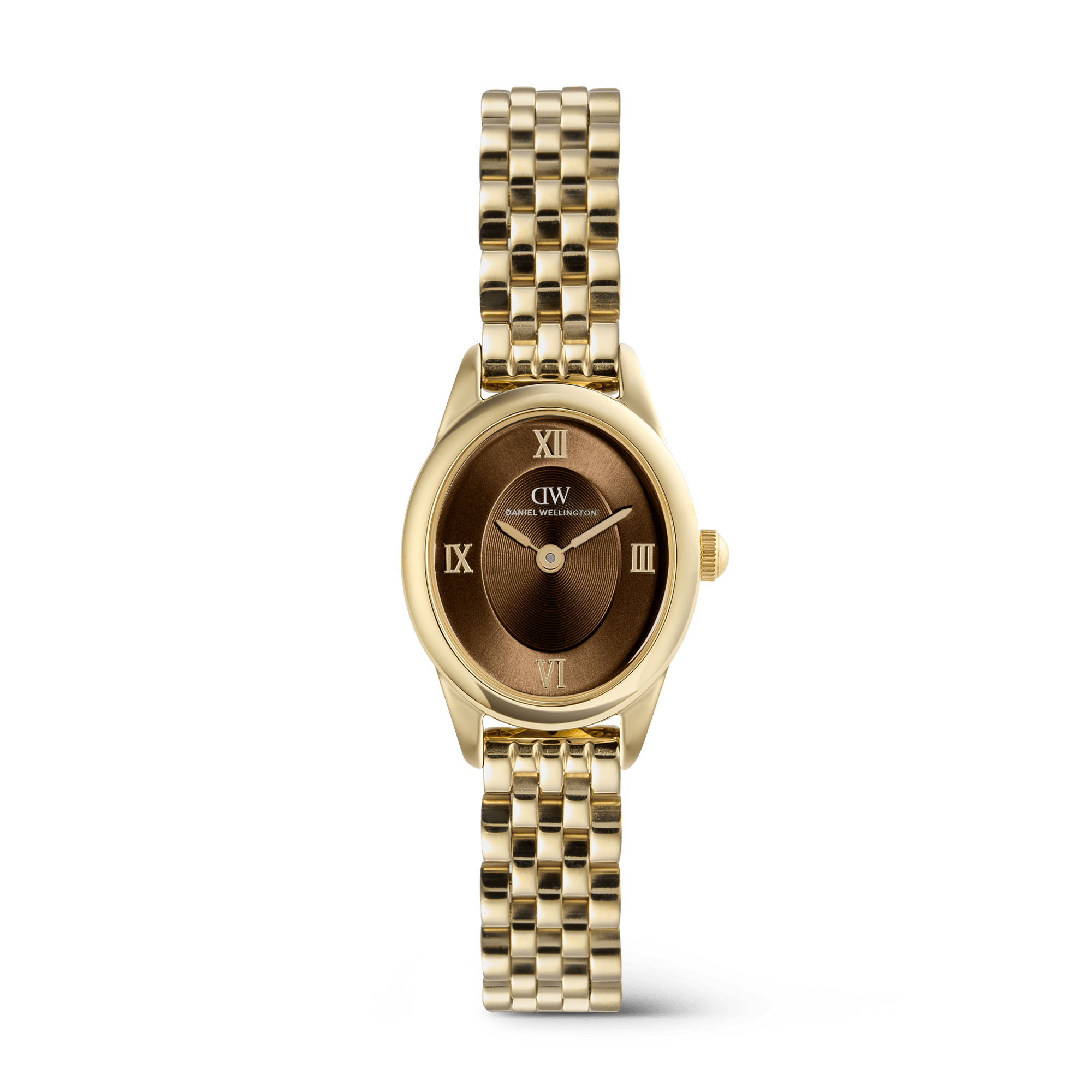 This women's watch from the Ophelia Mini collection places a 20 x 25.5 mm oval case in gold-tone recycled stainless steel beside a brown sunray dial marked with Roman numerals. The polished link bracelet and circular direction pattern on the dial give the petite gold watch a jewelry-like presence that works as easily with casual outfits as it does for more dressed-up occasions. - Recycled stainless steel with gold PVD plating creates a luminous finish across the oval case and link bracelet, offering an eco-conscious foundation that pairs naturally with other gold accessories. - The brown sunray dial beneath mineral glass uses Roman numerals at four positions, adding traditional detail to the compact oval face while the circular direction pattern brings subtle depth as the light shifts. - A butterfly buckle adjusts to wrists from 130 to 185 mm, providing a secure and comfortable fit for petite wrists, while interchangeable strap compatibility allows the watch to be styled with alternative bands. - Japanese quartz movement supports reliable everyday timekeeping, and 3 ATM water resistance is suited to rain and light splashes rather than swimming. The amber-toned dial brings unexpected warmth to the gold bracelet, making it a versatile gold watch that transitions naturally from workday dressing to evening plans. Quiet confidence comes from proportion and finish, not extra ornament.
