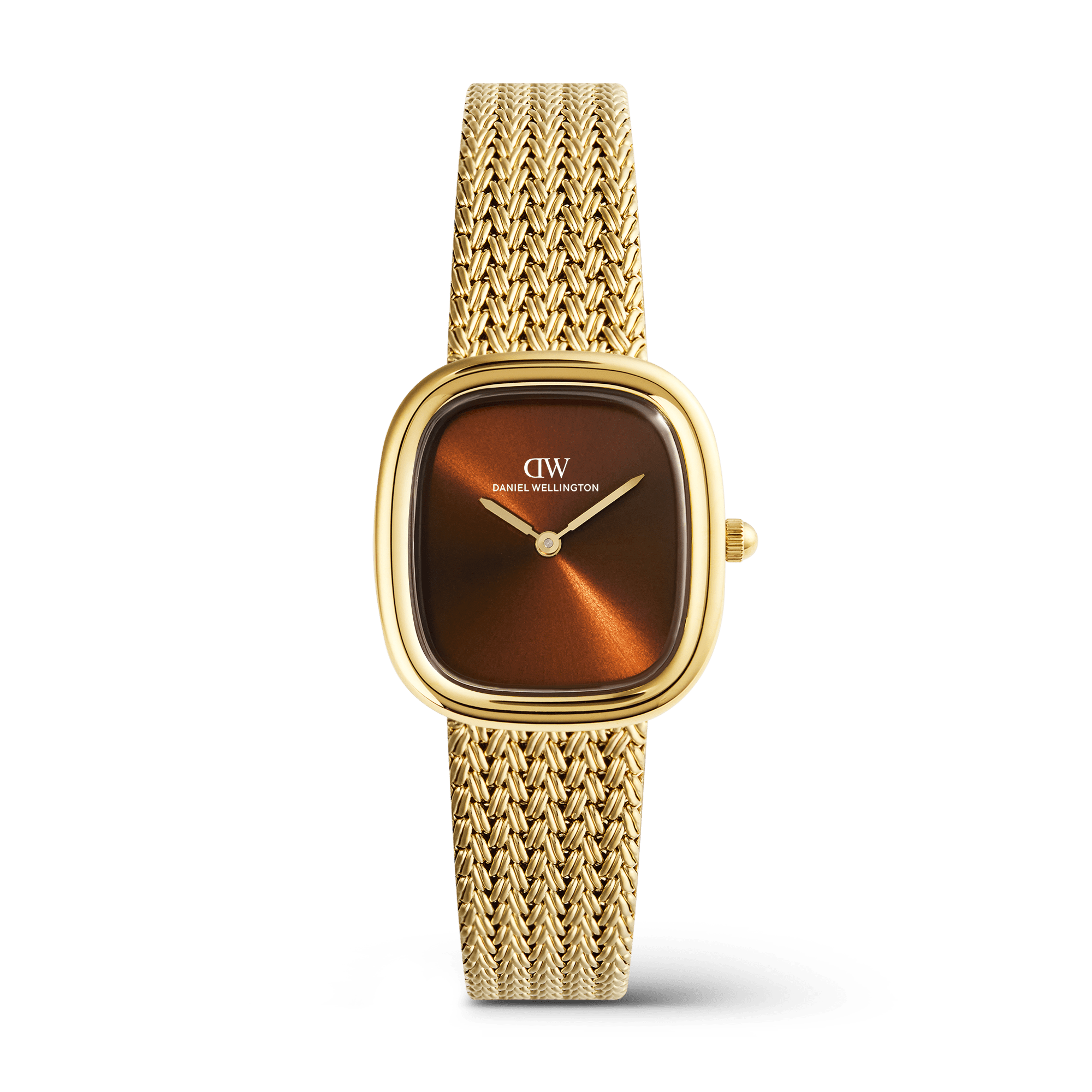 This women's watch from the Margot collection pairs a 24 x 26 mm cushion-shaped case in gold with a brown sunray dial and a polished braided mesh bracelet. The dial's amber-toned finish shifts subtly in the light, while the textured mesh strap introduces tactile depth that complements the warm color without adding visual weight. - Recycled stainless steel with gold PVD plating creates a unified finish across the case and braided mesh bracelet, delivering warmth and durability that resists fading over time. - The brown sunray dial beneath mineral glass features no indexes, allowing the radial pattern and shifting amber tones to hold attention without competing details. - A fold-over clasp secures the mesh bracelet and adjusts to wrists from 127 to 180 mm, while interchangeable-strap compatibility allows the cushion case to be styled with leather or other metal options. - A Japanese quartz movement supports reliable daily timekeeping, while 3 ATM water resistance is designed for rain and light splashes rather than swimming. The amber dial brings unexpected richness to a gold-tone design, making it easy to transition from daytime outfits to evening occasions. Texture and color do the work here, not excess.