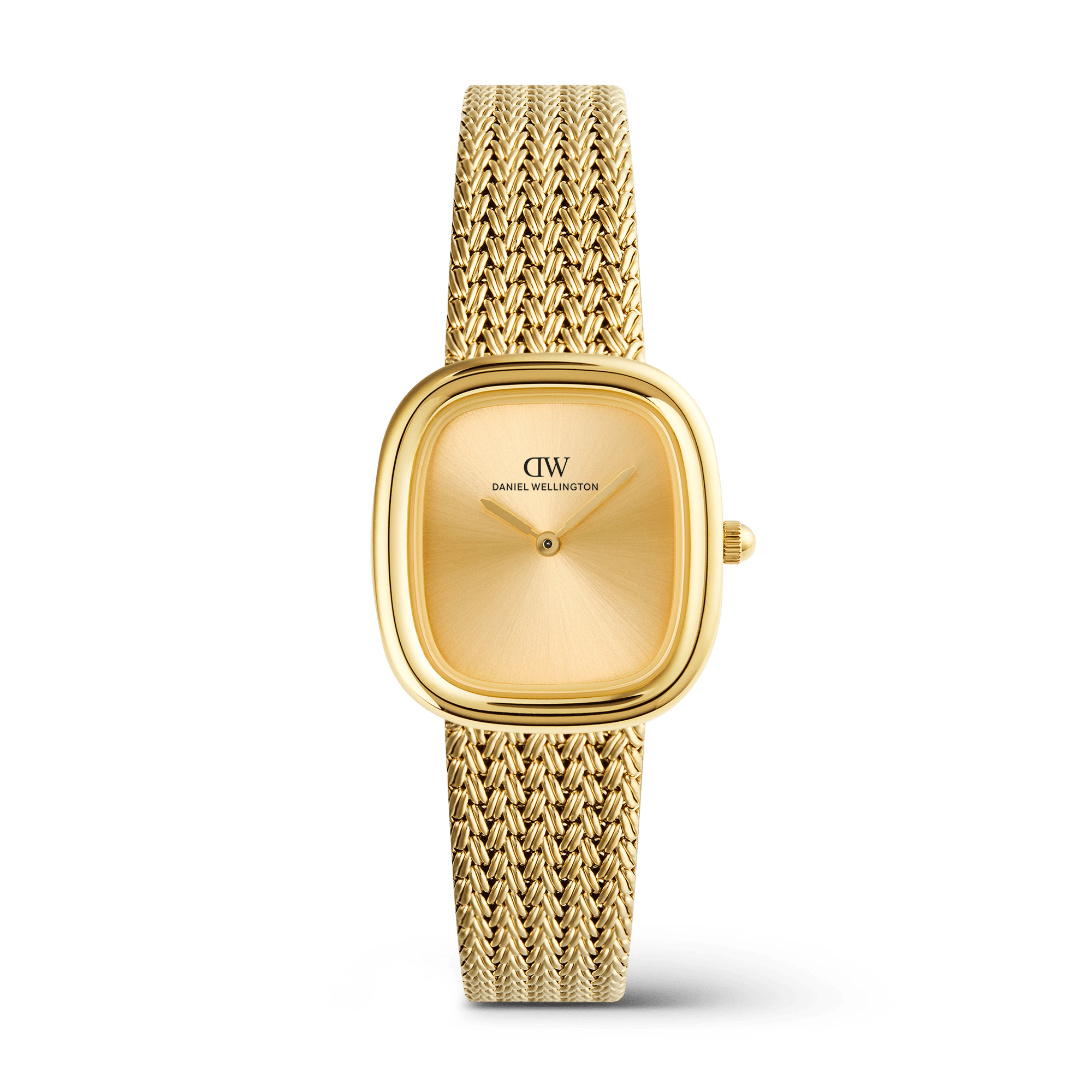 This women's watch from the Margot collection combines a 24 x 26 mm cushion case in recycled stainless steel with gold PVD plating and a braided mesh bracelet in the same finish. The gold sunray dial beneath mineral glass has no indexes, creating an uninterrupted surface that reflects light across the face and gives the watch a jewelry-like continuity from case to bracelet. - Recycled stainless steel with gold PVD plating delivers a consistent yellow-gold tone across the cushion case and braided mesh bracelet, offering an eco-conscious foundation that resists tarnishing and pairs naturally with other gold accessories. - The gold sunray dial creates subtle movement as the light shifts, adding depth to the index-free face while keeping the time display clear and uncluttered beneath mineral glass. - A braided mesh bracelet with fold-over clasp adjusts to wrists from 127 to 180 mm, providing a secure fit that drapes smoothly without pinching or catching, while interchangeable strap compatibility allows for different styling directions. - Japanese quartz movement supports reliable everyday timekeeping, while 3 ATM water resistance is suited to rain and light splashes rather than swimming. The cushion shape and tone-on-tone design make it comfortable to wear from morning meetings to evening plans. When the dial and bracelet share the same finish, the watch feels less like a functional tool and more like a considered piece of gold jewelry.