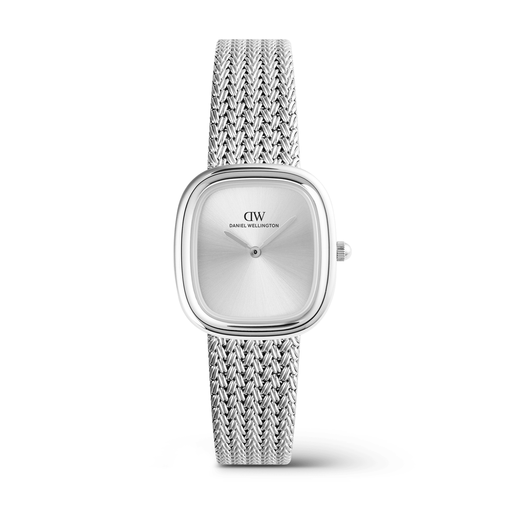 This women's watch from the Margot collection pairs a 24 x 26 mm cushion-shaped case with a silver sunray dial and polished braided mesh bracelet. The index-free face and continuous silver-tone finish give the design a refined, jewelry-like quality that works easily from day to evening. - Recycled stainless steel creates a consistent silver-tone surface across the case and braided mesh bracelet, giving the watch a clean, unified appearance. - The silver sunray dial beneath mineral glass catches the light subtly, adding depth to the cushion shape without relying on indexes or additional detail. - A fold-over clasp provides a secure, streamlined closure, while the adjustable fit accommodates wrists from 4.953 to 7.02 inches (127 to 180 mm). - A Japanese quartz movement supports straightforward daily timekeeping, while 3 ATM water resistance is suited to rain and light splashes rather than swimming. The braided mesh bracelet brings texture and movement to the wrist without making the design feel heavy. It sits naturally alongside silver-tone jewelry or stands alone as a polished, considered detail.