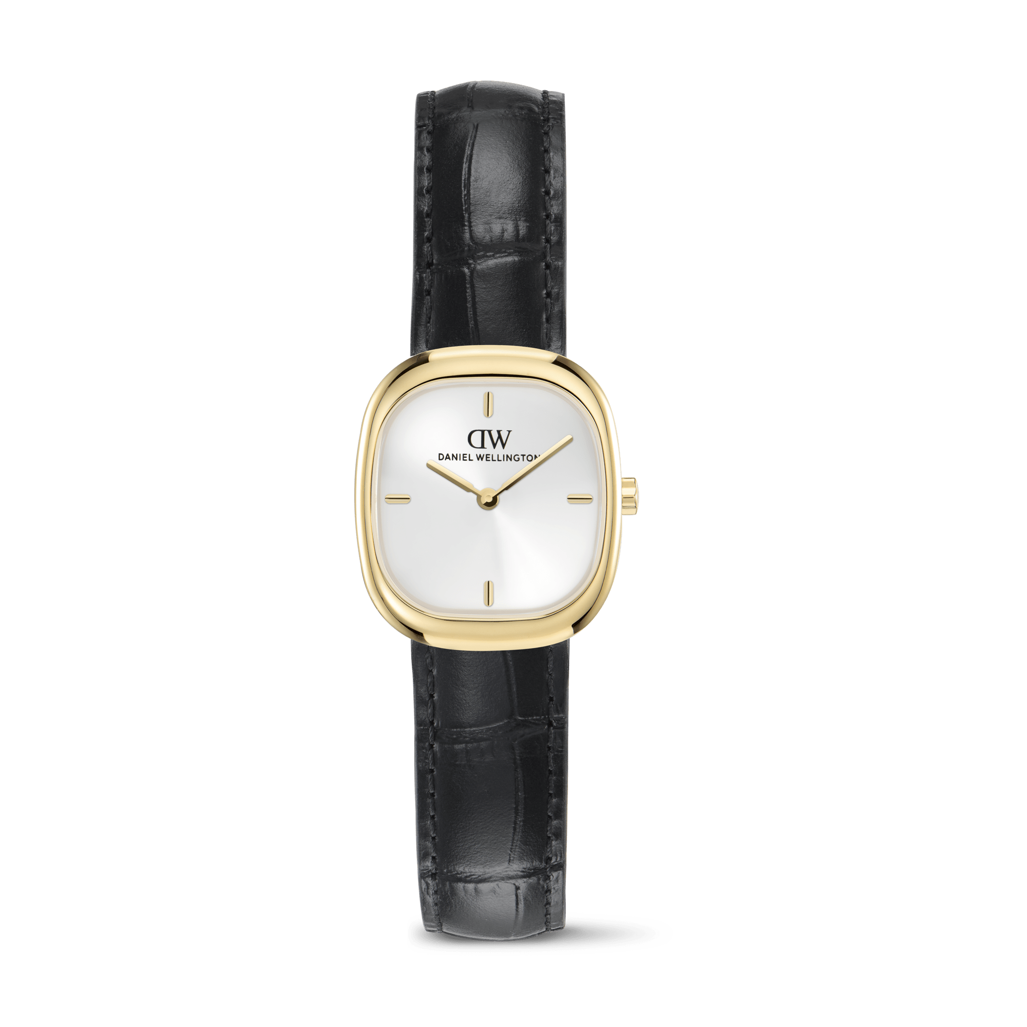 This women's watch from the Corta collection frames a white sunray dial with a compact 24 &times; 28 mm gold-tone case. A black croc-embossed leather strap gives the refined shape stronger definition without making it feel formal. - The recycled-stainless-steel case and gold-tone bezel create a warm, clearly defined frame around the dial. - A white sunray finish beneath mineral glass catches the light subtly and gives the compact face more depth. - The black croc-embossed leather strap closes with a pin buckle and adjusts to wrists from 135 to 190 mm. - A quartz movement keeps everyday timekeeping simple, while 3 ATM water resistance is suited to rain and light splashes rather than swimming. The black-and-gold combination works with everyday separates as naturally as it does with evening dressing. Its compact proportions let the detail be noticed without dominating the look.