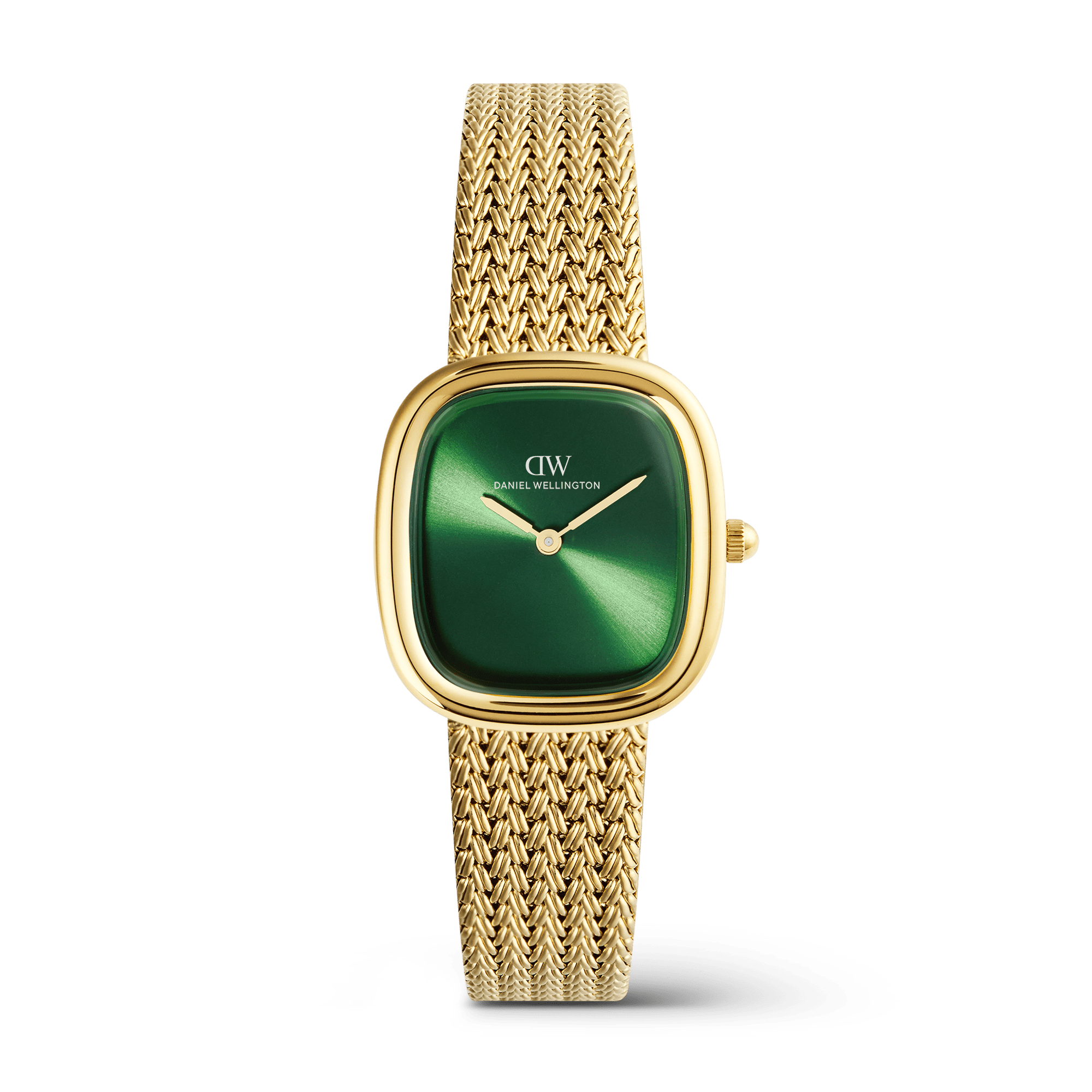 This women's watch from the Margot collection pairs a 24 x 26 mm cushion case in gold-tone recycled stainless steel with a deep emerald green sunray dial and braided mesh bracelet. The rich green face shifts in intensity as light moves across its surface, while the textured mesh wraps the wrist with a flexible, jewelry-like drape that adjusts from 5.0 to 7.0 inches using a fold-over clasp. - Recycled stainless steel with gold PVD plating creates a warm, enduring finish across the case and braided mesh bracelet, resisting tarnish and pairing naturally with other gold accessories. - The emerald green sunray dial beneath mineral glass radiates outward from the center, giving the index-free face depth and movement without relying on numerals or markers. - A braided mesh construction adds tactile dimension to the bracelet, creating a woven pattern that catches light and feels supple against the skin. - A Japanese quartz movement provides reliable timekeeping, while 3 ATM water resistance suits everyday wear in rain and light splashes rather than swimming. Wear it alone as a statement piece or layer it with gold bracelets for a curated look. The emerald dial introduces a distinctive accent that holds its own from morning meetings to evening plans.