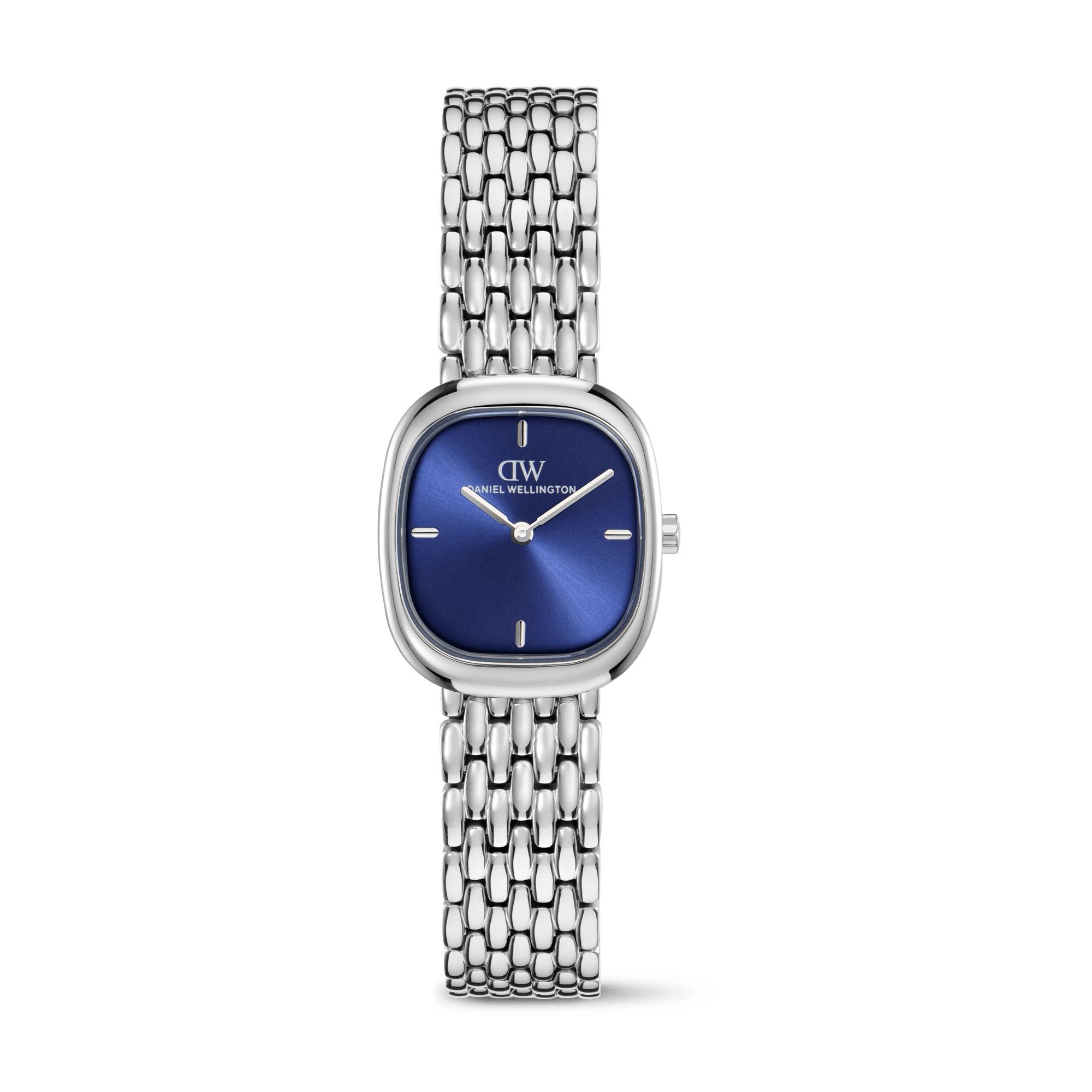 This women's watch from the Corta collection frames a royal blue sunray dial with a compact 24 &times; 28 mm silver-tone cushion case. A polished link bracelet gives the refined shape stronger definition, while the vivid blue dial creates a distinctive focal point that works naturally from daytime dressing to evening plans. - The recycled-stainless-steel case and silver-tone bezel create a cool, clearly defined frame around the dial, while the cushion shape softens the rectangular form without losing its structured edge. - A royal blue sunray finish beneath mineral glass catches the light subtly and gives the compact face more depth, making the dial easy to read while adding visual interest. - The polished link bracelet closes with a butterfly buckle and adjusts to wrists from 135 to 190 mm, providing a secure fit and a smooth, comfortable feel for all-day wear. - A quartz movement keeps everyday timekeeping simple, while 3 ATM water resistance is suited to rain and light splashes rather than swimming. The blue-and-silver combination works with everyday separates as naturally as it does with evening dressing. Its compact proportions let the detail be noticed without dominating the look.