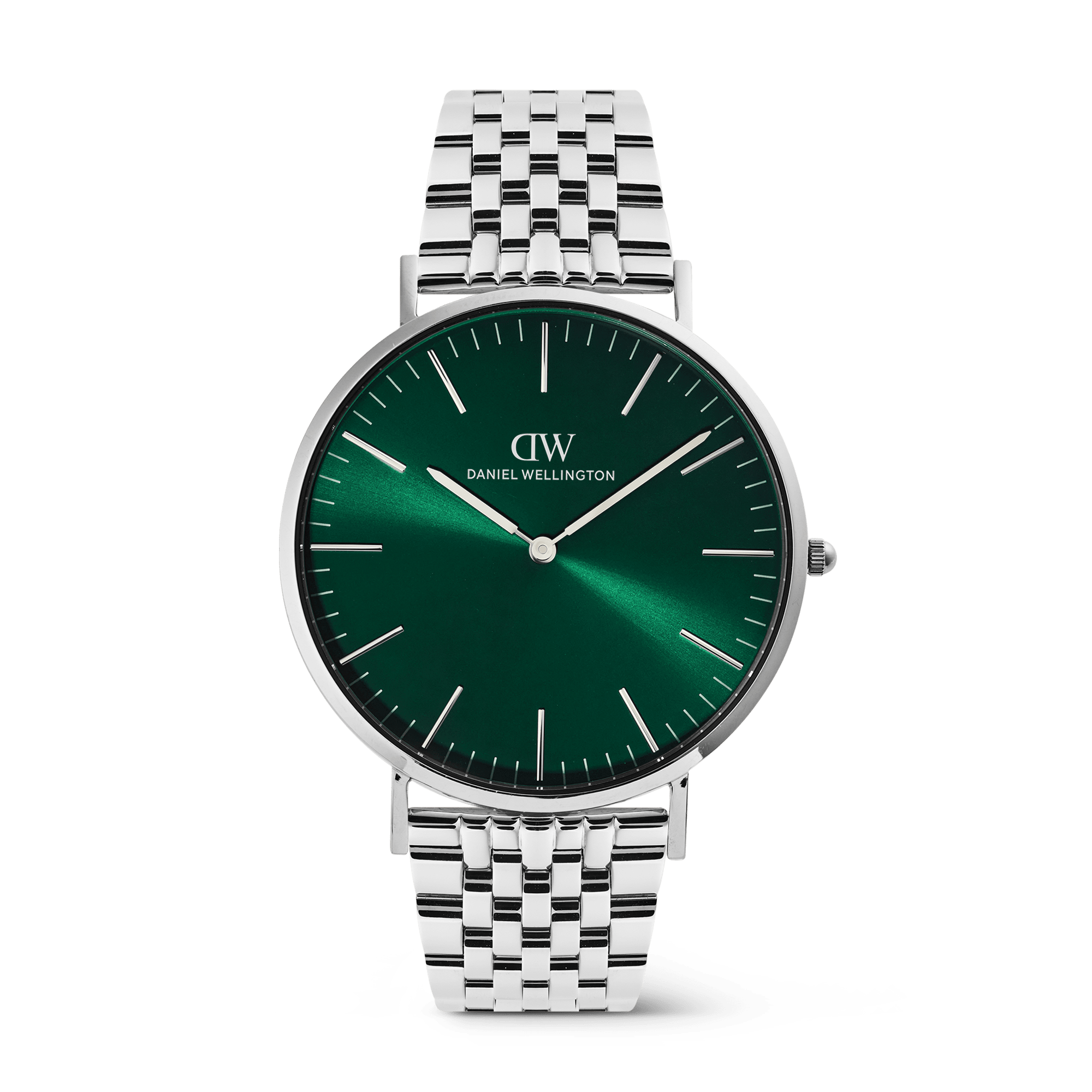 This men's watch from the Classic collection brings together a 40 mm silver-tone case in recycled stainless steel and a sunray emerald green dial beneath mineral glass. The polished seven-link bracelet in the same recycled steel creates a unified metal finish that moves easily from business casual to evening wear, while the emerald dial introduces a distinctive color accent without losing the clean proportions that define the Classic range. - Recycled stainless steel forms both the 40 mm case and seven-link bracelet, delivering an eco-conscious foundation with a polished silver finish that resists tarnishing and pairs naturally with other silver accessories. - The sunray emerald green dial catches and reflects light across its surface, shifting from deep forest tones to brighter green depending on the angle, while silver index pins and hands keep the time display clear and easy to read. - A butterfly buckle provides secure, adjustable closure on the wrist, and interchangeable strap compatibility allows the watch to be worn with leather or fabric straps when a different look is needed. - Japanese quartz movement ensures reliable everyday timekeeping, while 3 ATM water resistance suits the watch for rain and light splashes rather than swimming or submersion. The emerald dial distinguishes this watch from standard silver designs without making it feel overstated, and the all-metal construction keeps it appropriate for formal occasions and relaxed weekends alike. When the details are considered, the result speaks for itself.